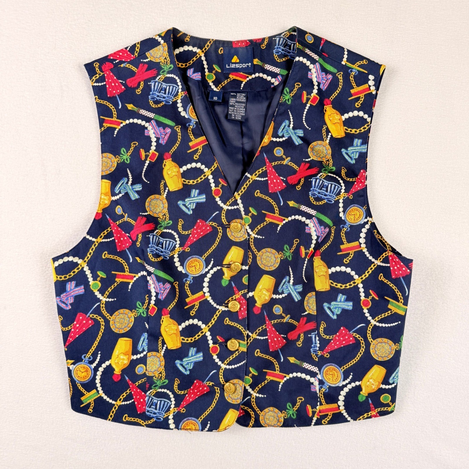 LizSport Novelty Vest Women 10 Navy Blue Gold Chain Equestrian Nautical 90s Fun