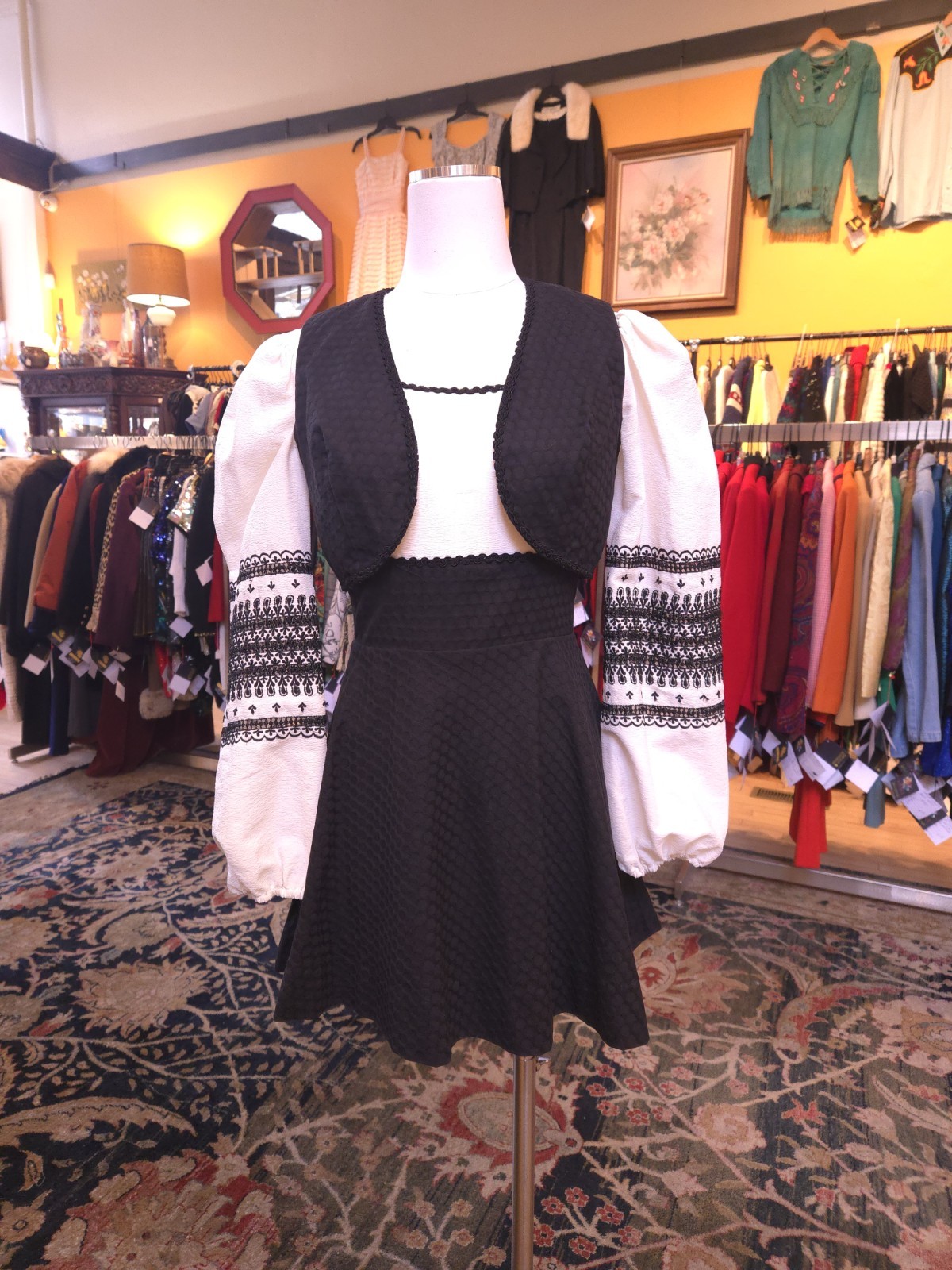 Vtg 1960s Jody California Black Embroidered Dress Prairie Folk Hippy Cottagecore