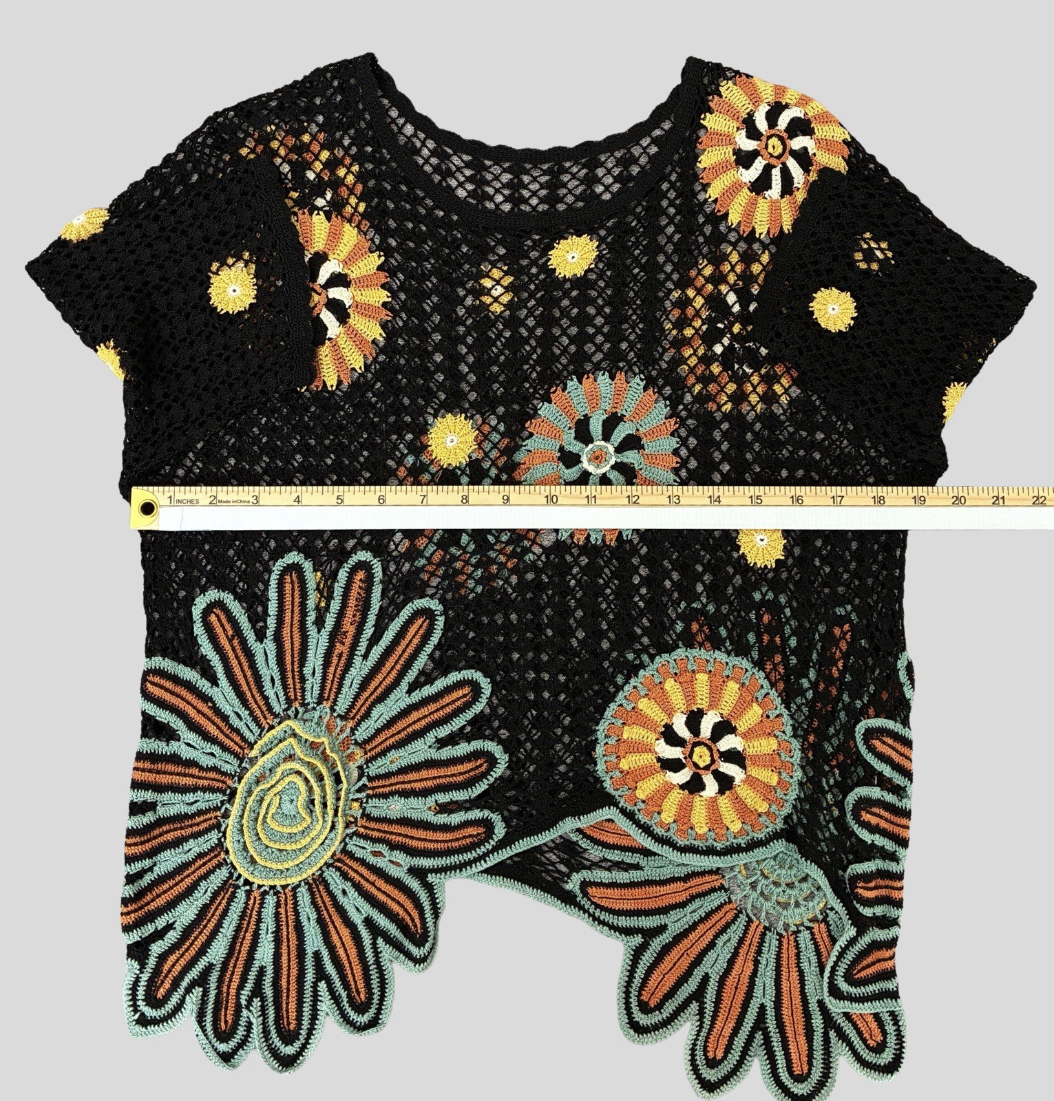 Vintage Crochet Black Multicolor Top Artsy Floral Bohemian Medium 90s Grunge