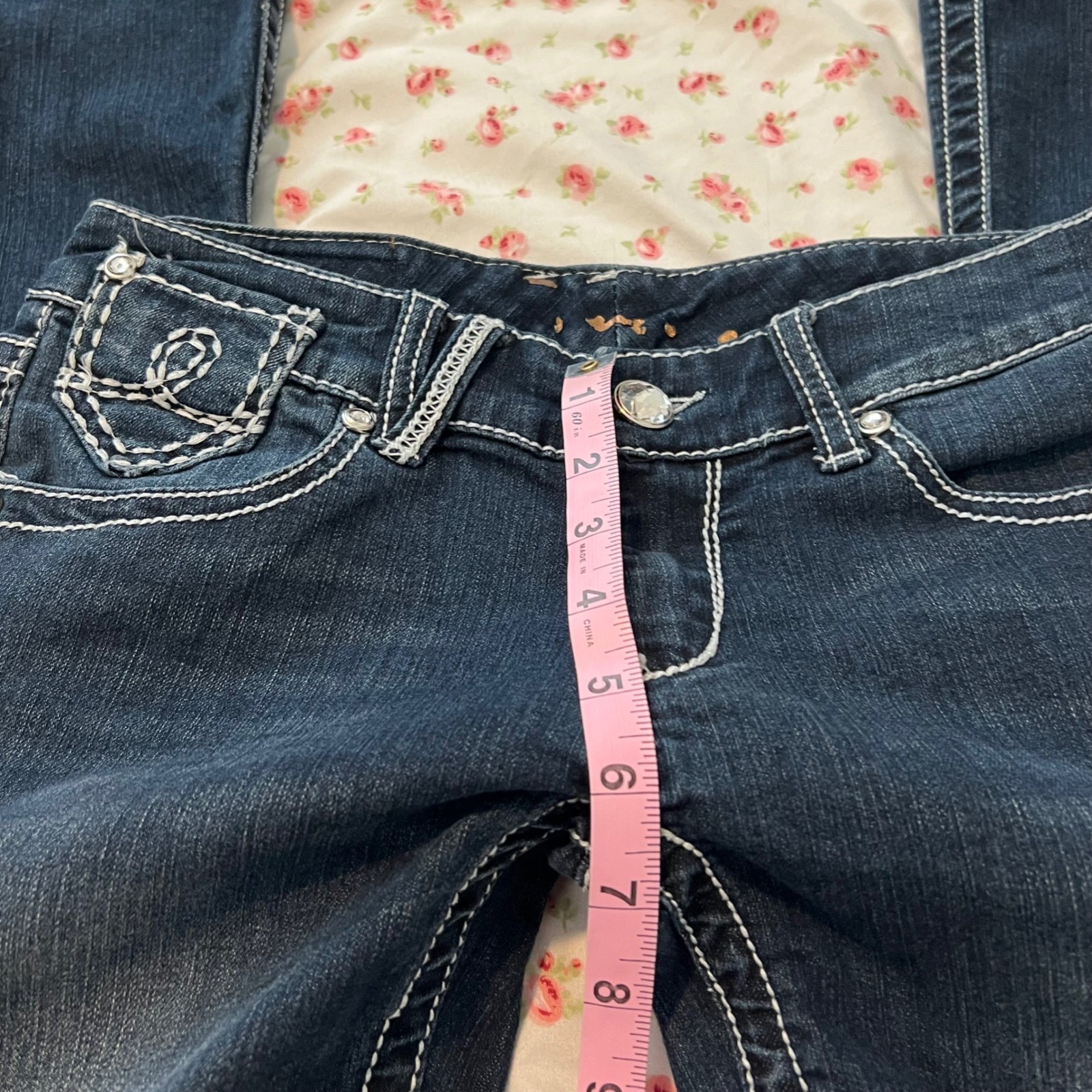 vintage low rise contrast stitch dark wash bootcut jeans