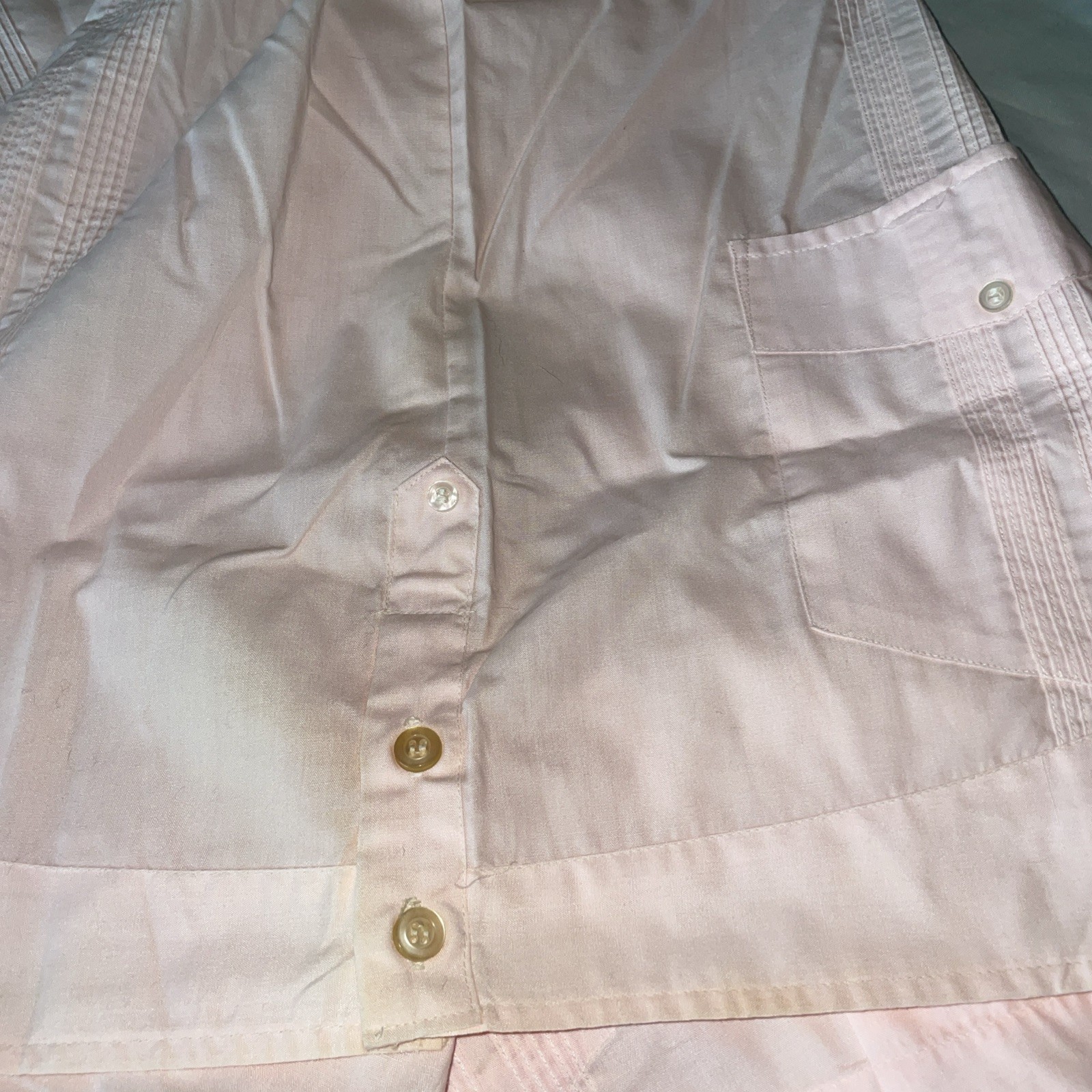 Vtg ’80s Van Heusen Pink Guayabera Embroidered Cuban Button Shirt Sz 17 1/5
