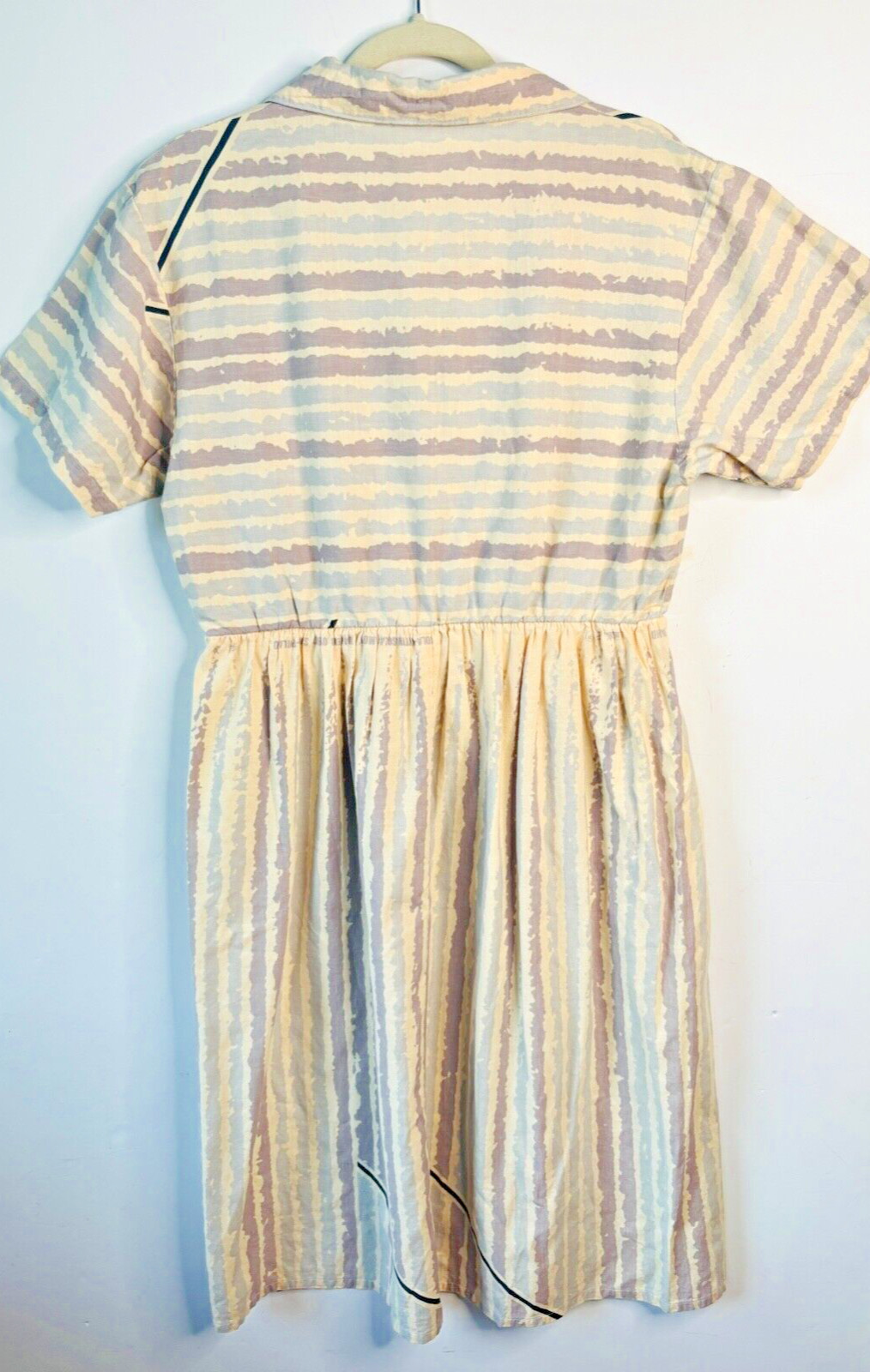 VTG 50’S UNIQUE!!HANDMADE OFF WHITE&BLUE PURPLE STRIPED PLEATED BUTTON DRESS*M