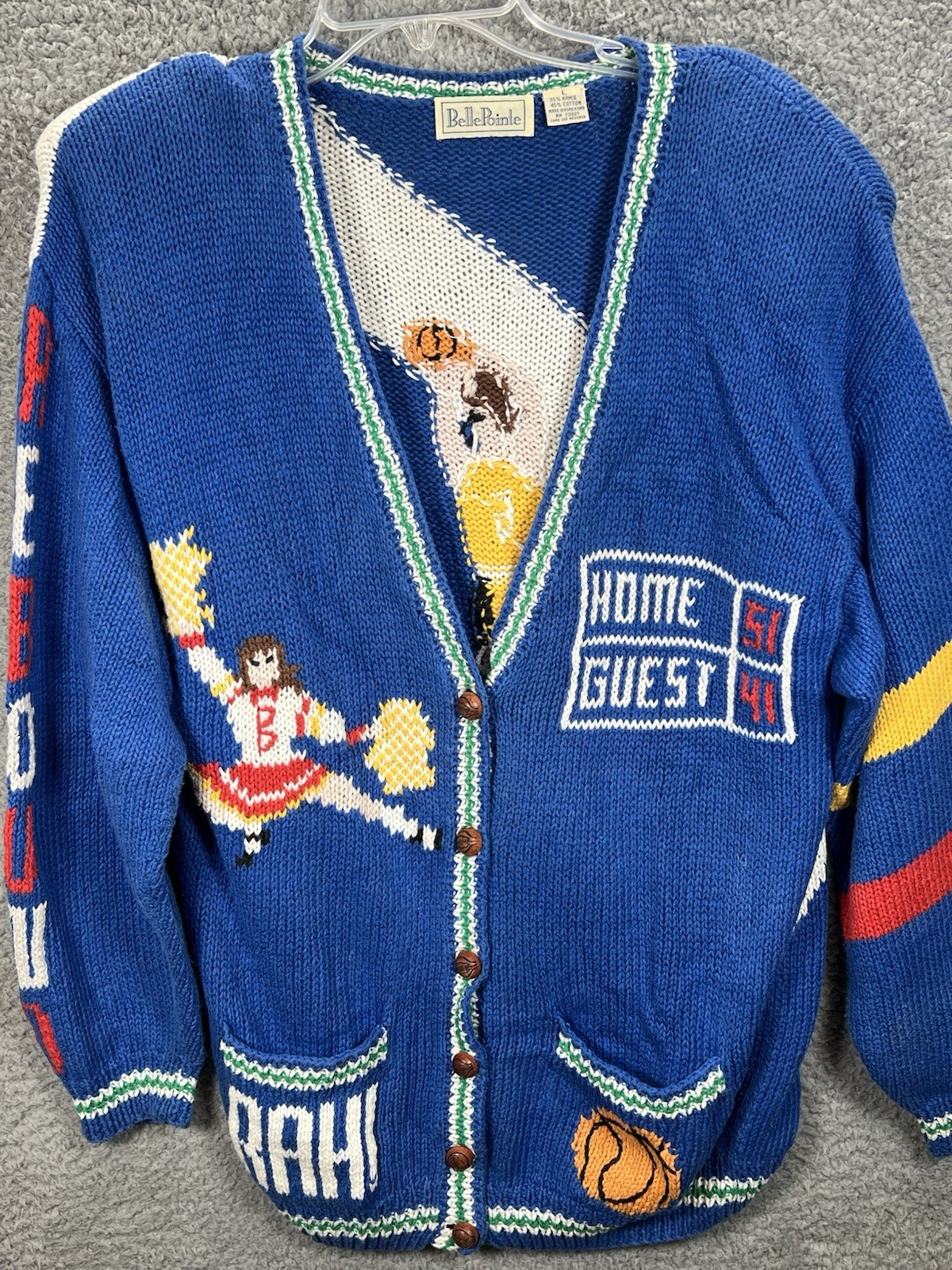 Vtg Belle Pointe Sz Large Basketball Cheer Cardigan Grandma Sweater Teacher