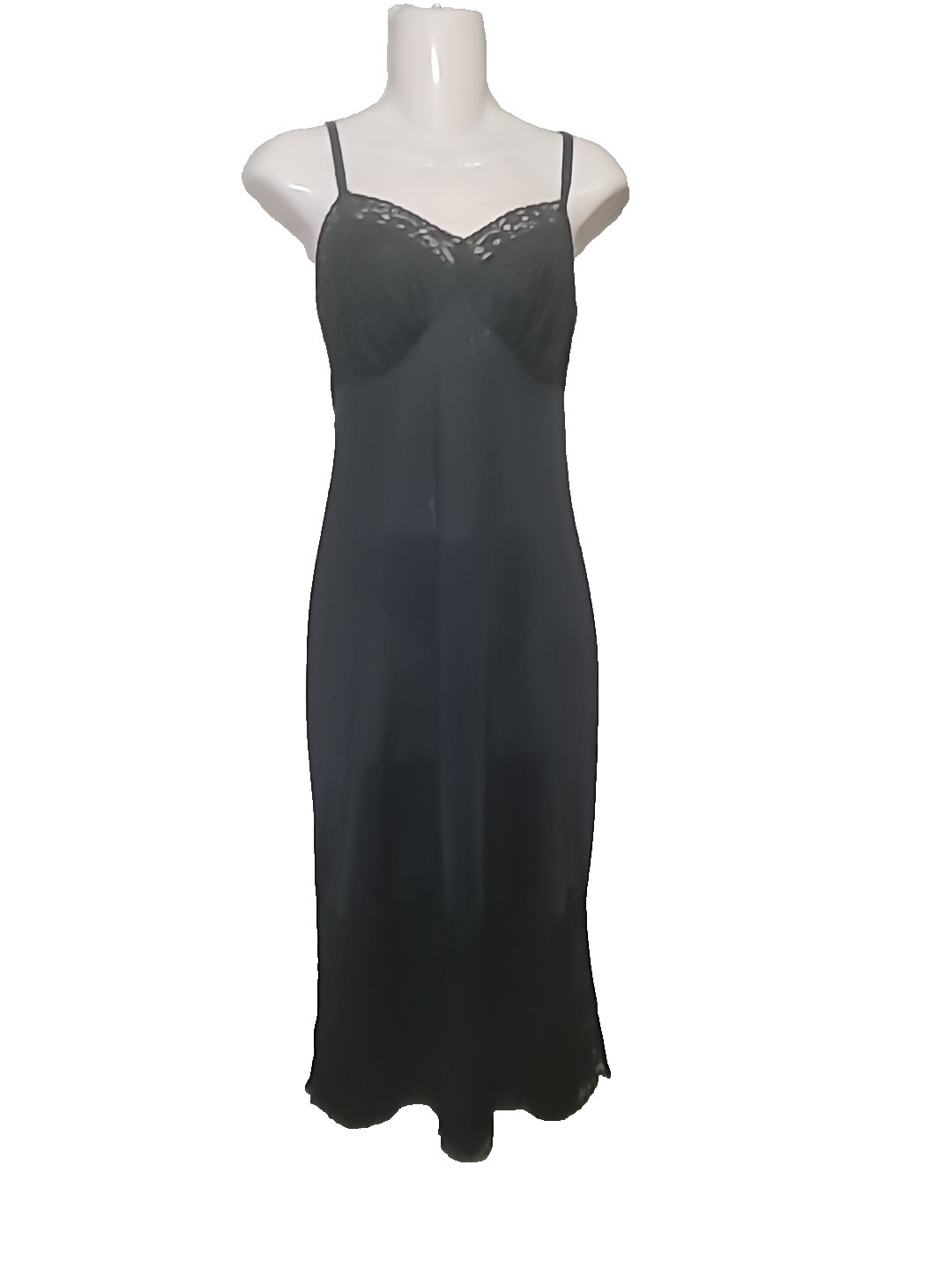 Vtg 60s VANITY FAIR Black Dress Slip Silky nylon sexy Floral 8″ Lace Hem Size 34