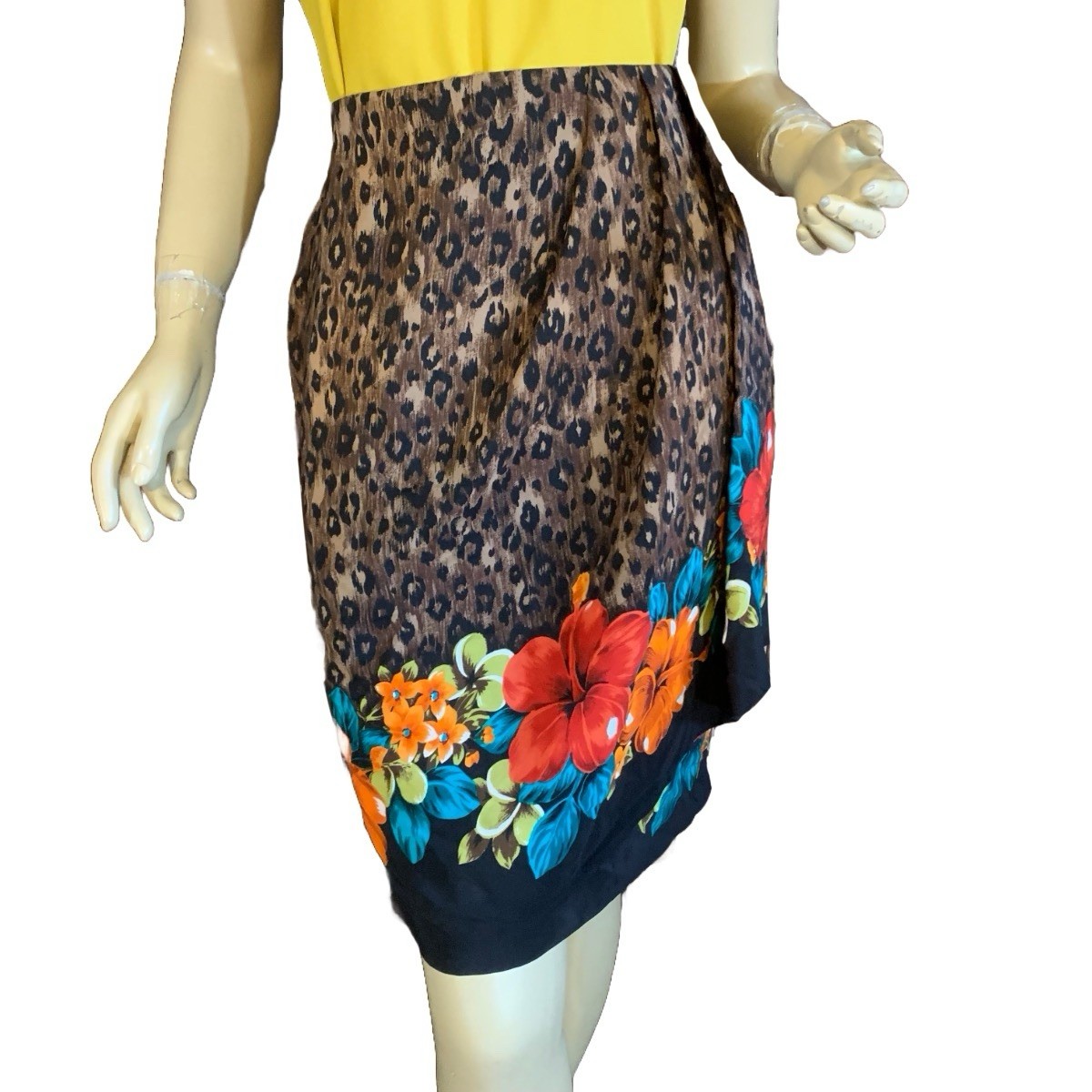 VINTAGE CIRCA 1980’S JAQUELINE FERRAR FLORAL & ANIMAL PRINT SILK SKIRT SZ 16