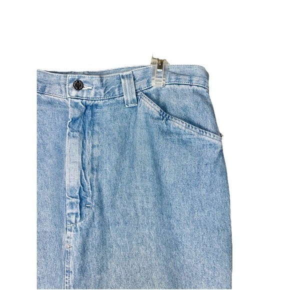 VTG Riders by Lee 16 Flat Front Blue Denim Midi Calf Skirt Back Slit Pockets Zip