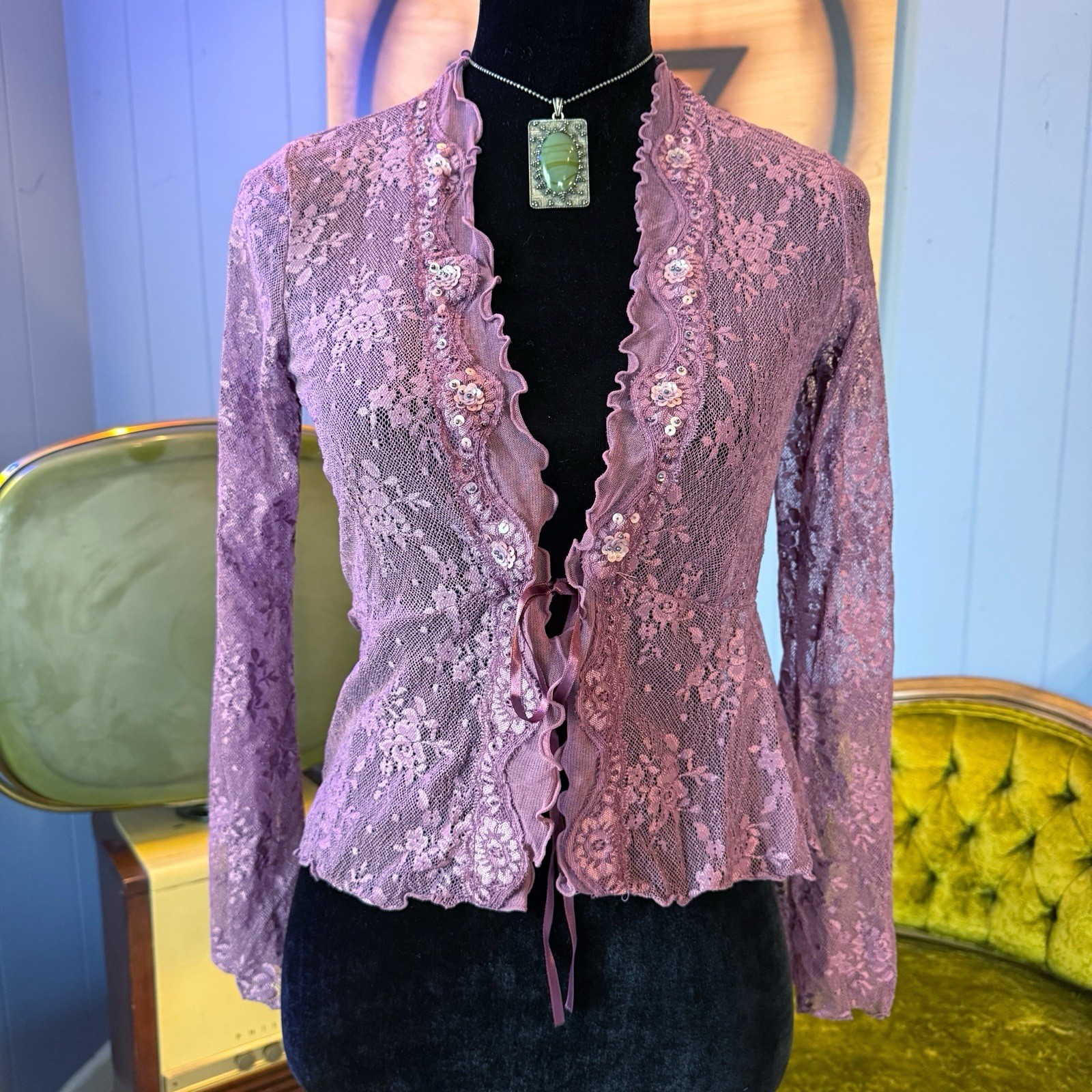 Vintage Y2K New York & Company Long Sleeve Sheer Mesh Witchy Cardigan XS