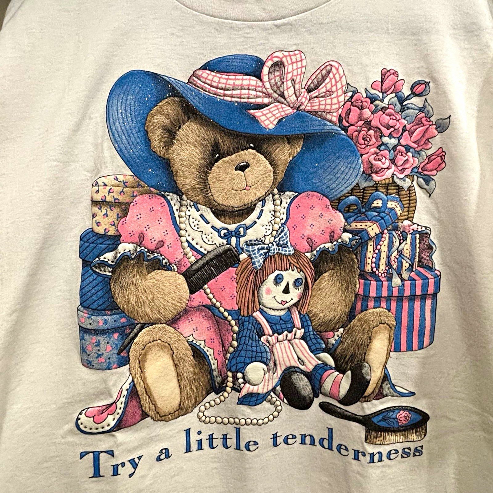 Vintage 90’s Grannycore Cottagecore Floral Teddy Bear White XL Graphic T-Shirt