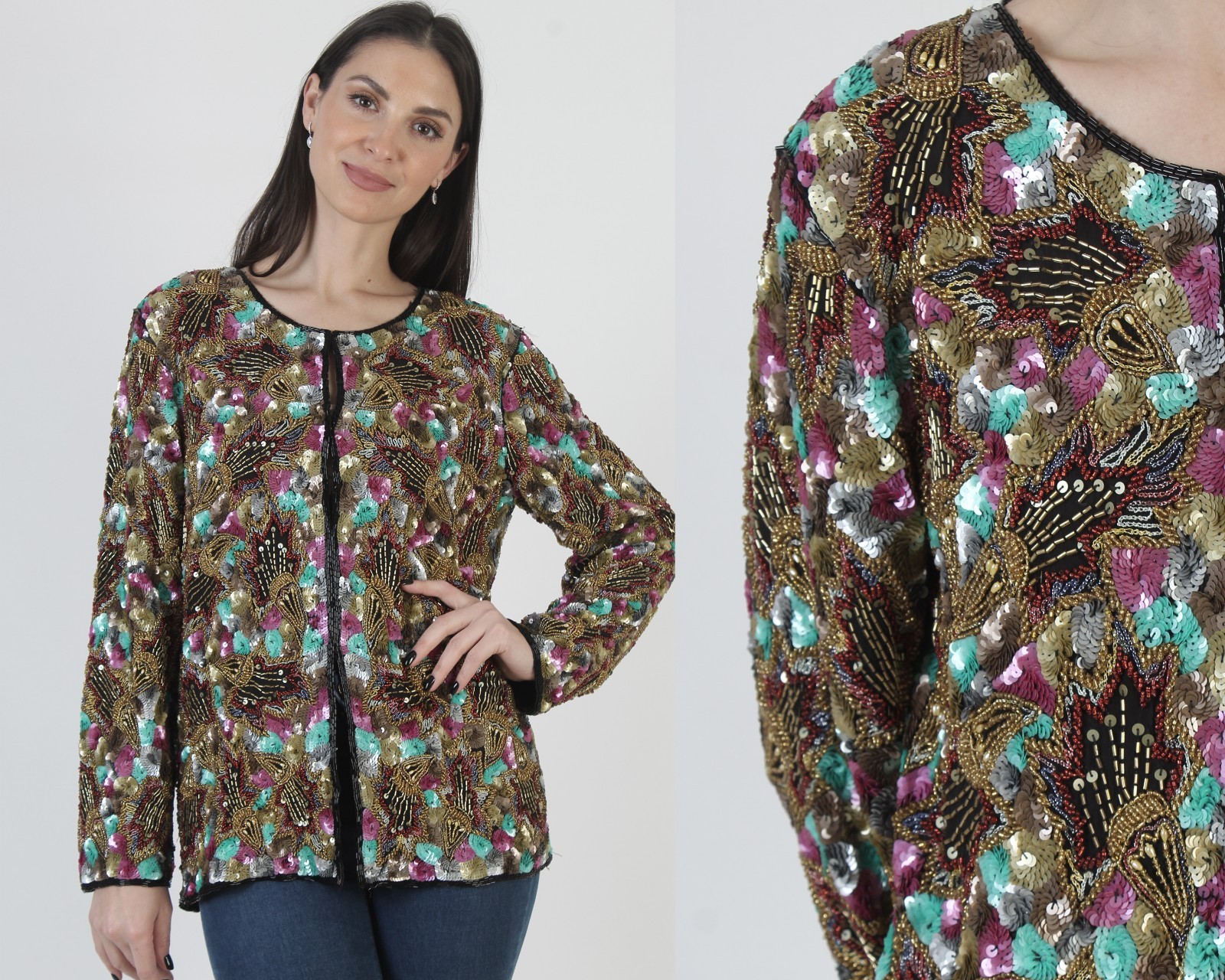 Vintage 80s Beaded Sequin Blazer Colorful Encrusted Sparkle Cropped Jacket