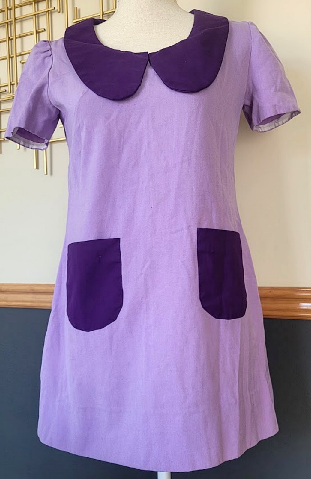 Vintage 60s 70s Mod Purple Mini Dress Shift Retro Go Go Twiggy Peter Pan Collar