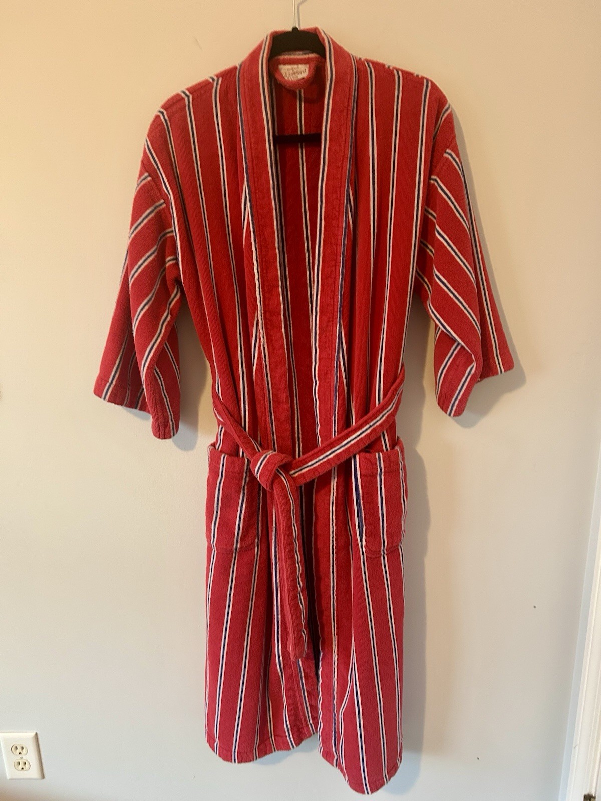 TJ Lawford VTG 90s Turkish Cotton Robe Belted Red Blue Striped SZ L Double Loops