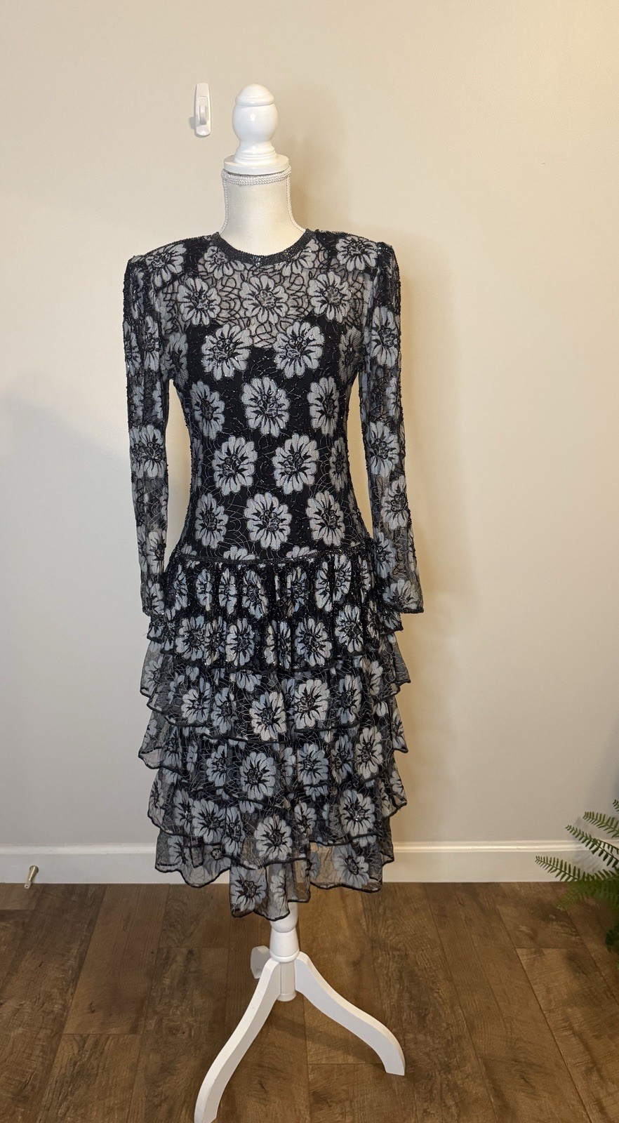 Vintage Judith Ann Creations Beaded Long Sleeve Ruffled Dress Floral Sz S
