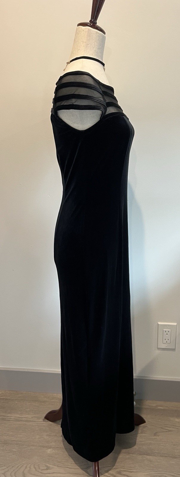 VTG Black Velvet Formal Evening Prom Dress Mesh Neckline Y2K Goth S