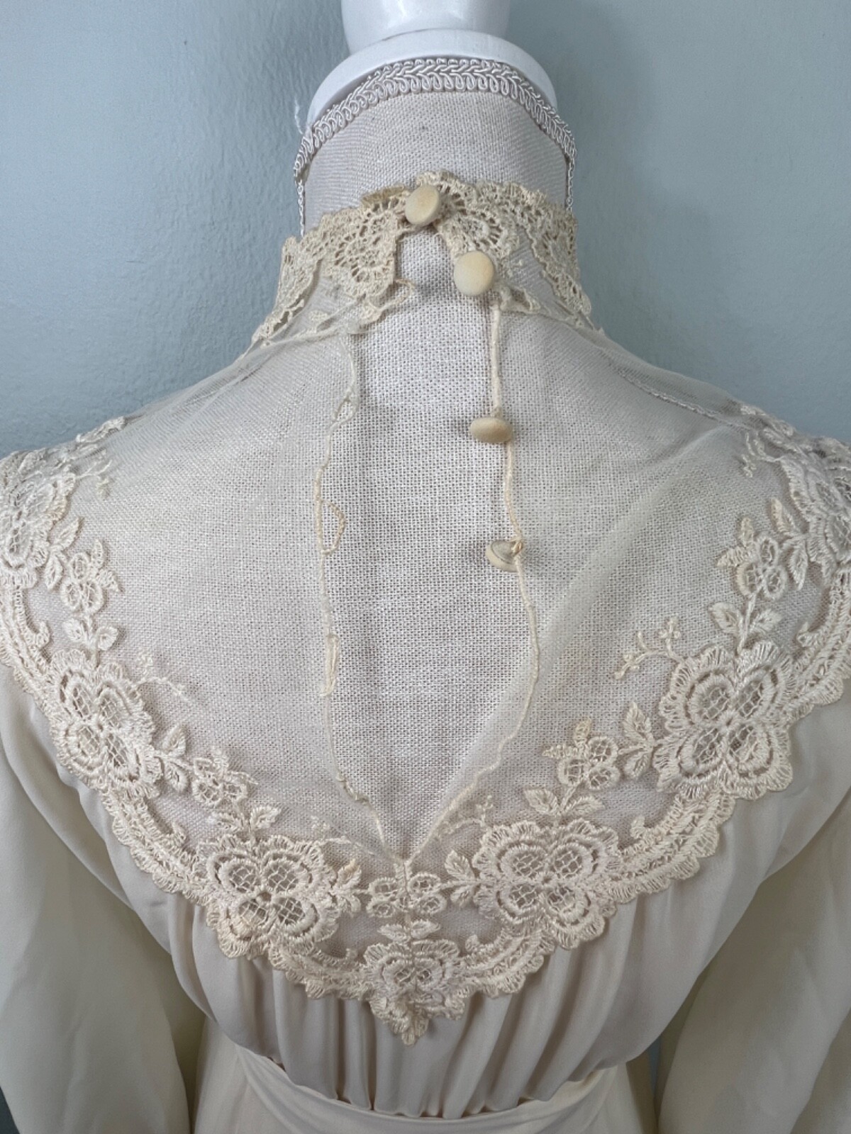 Vintage Cream Lace High Neck Maxi Dress Long Sleeve Victorian Style