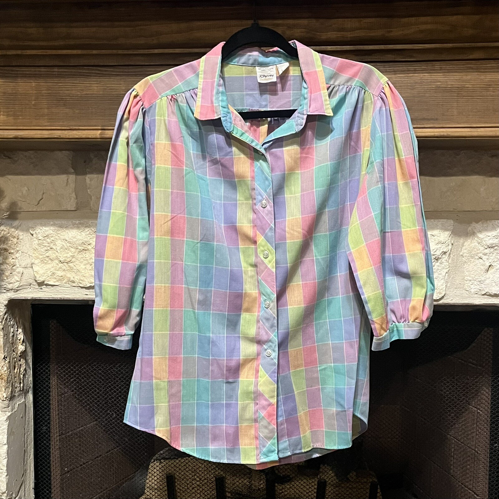 Vintage Pastel Checkered Plaid 70s 80s Button Up Shirt Top