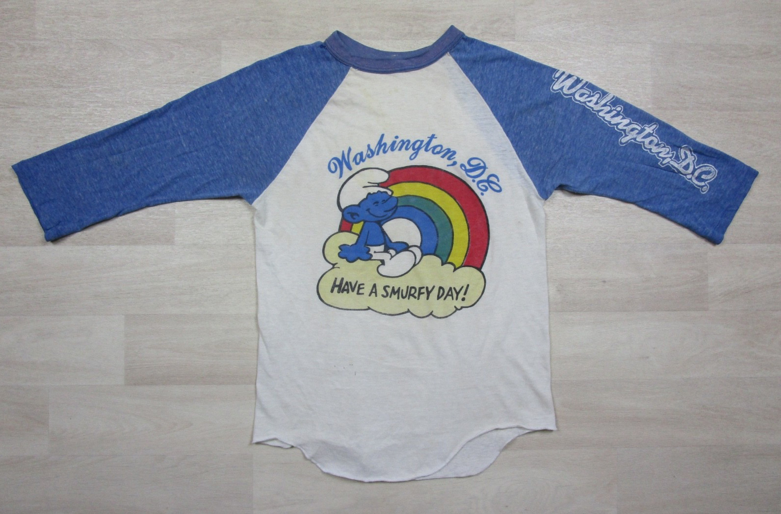 Vintage 80s Smurfs Ringer T Shirt (XS) Single Stitch Washington DC Smurfy Day