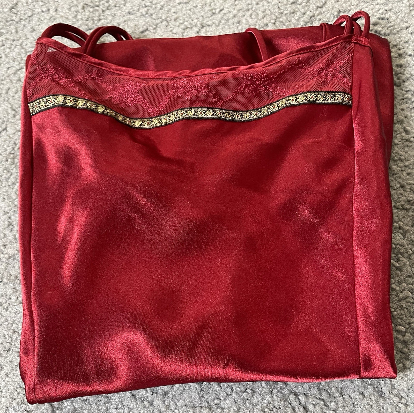 Vtg 80s Delicates Satin Nightie Sleepwear Sz L Red Lace Trim Slit Straps Sexy