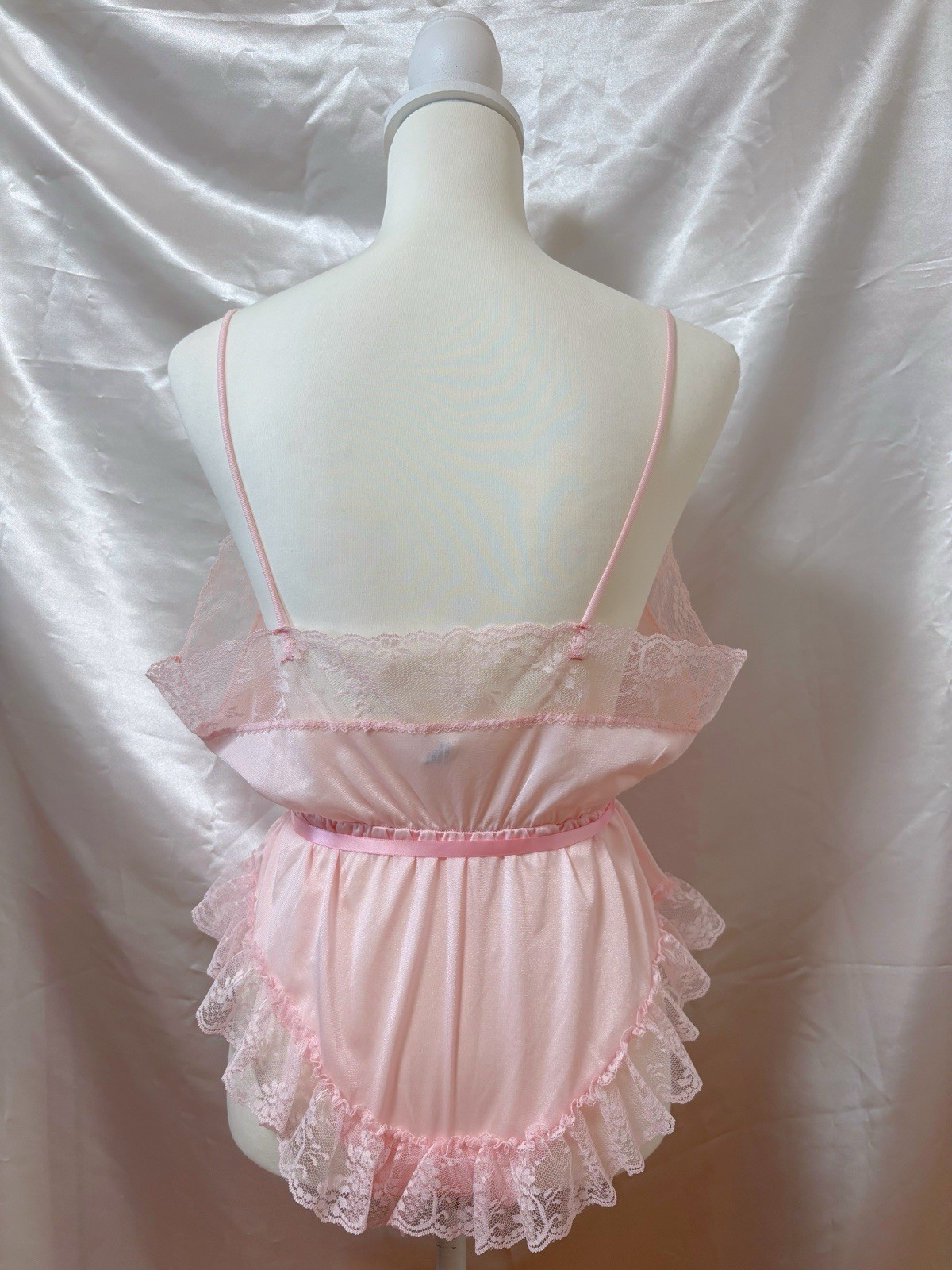 Vintage 1970s Lace Lingerie Teddy Nightgown Romper Bodysuit USA Pink Kawaii