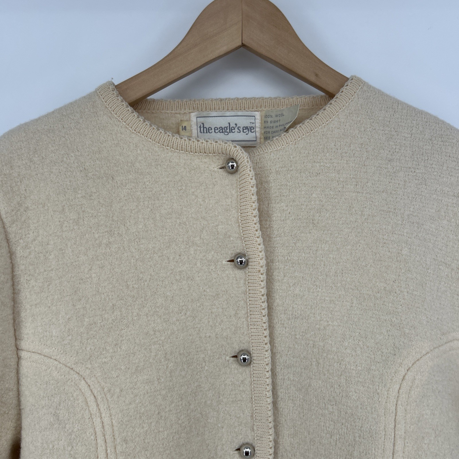 Vintage The Eagle’s Eye Boiled Wool Jacket Womens Size 14 Cream Ivory 80s 90s