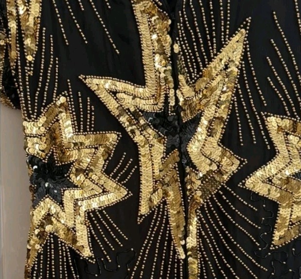 Vintage 80s Stenay Silk Black Gold Sequin Beaded Dress Art Deco Cocktail Size 10
