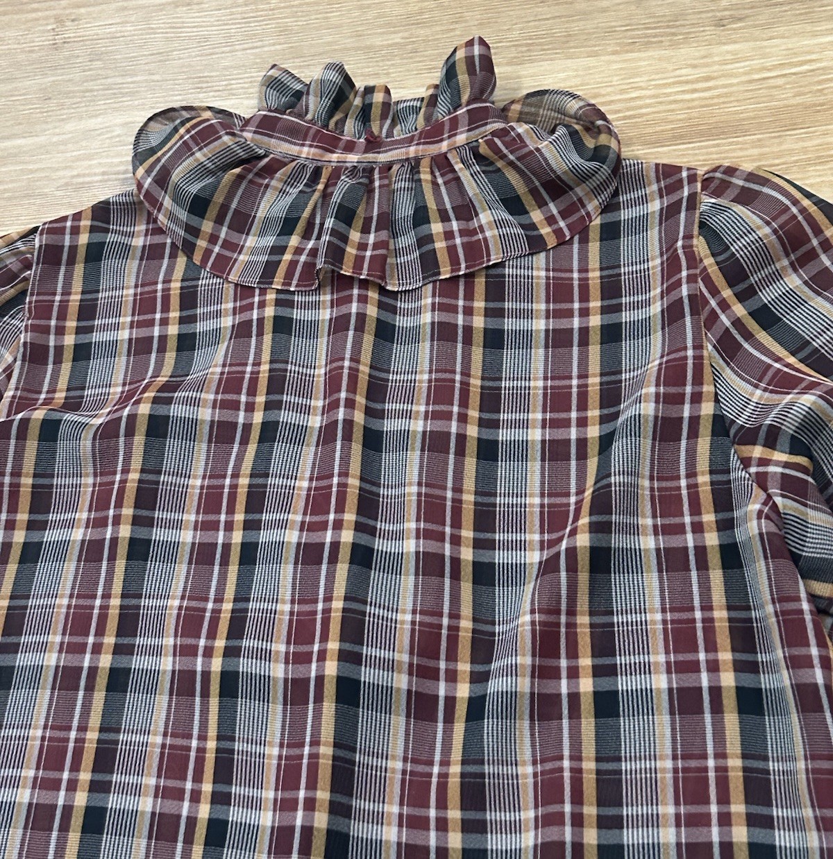 COQUETTE PRAIRIE PLAID RUFFLE BOW BLOUSE Vintage 70s Secretary Poet Top Sheer 40