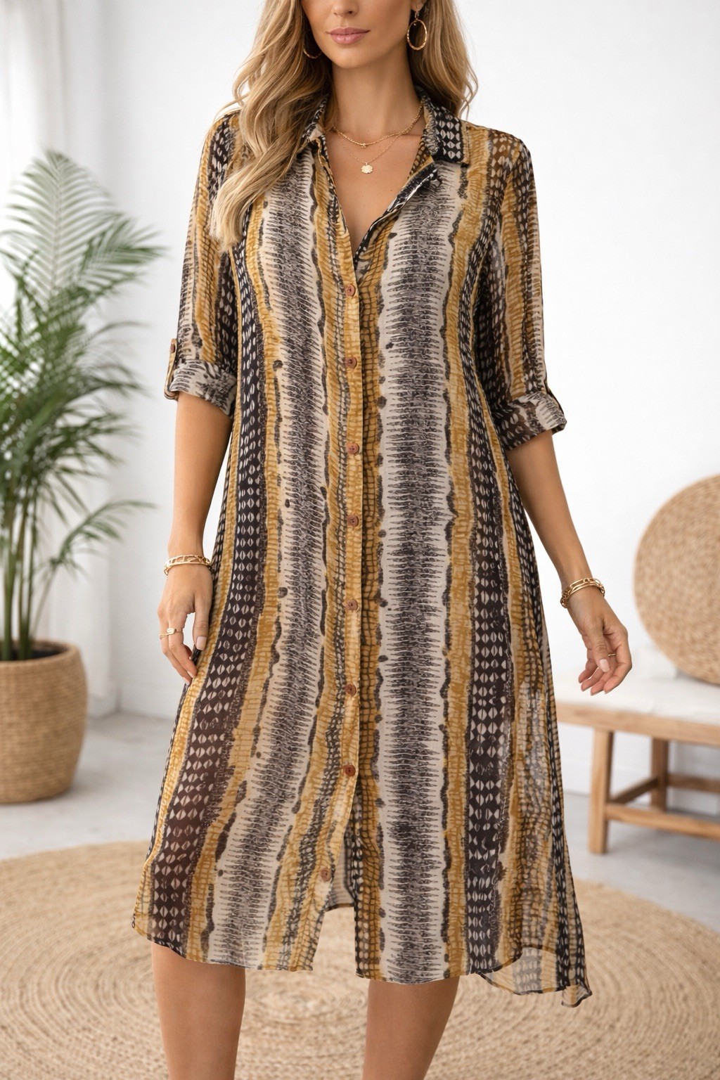Lew Magram Collection Semi Sheer Tribal Print Button Front Duster Shirt Dress 16