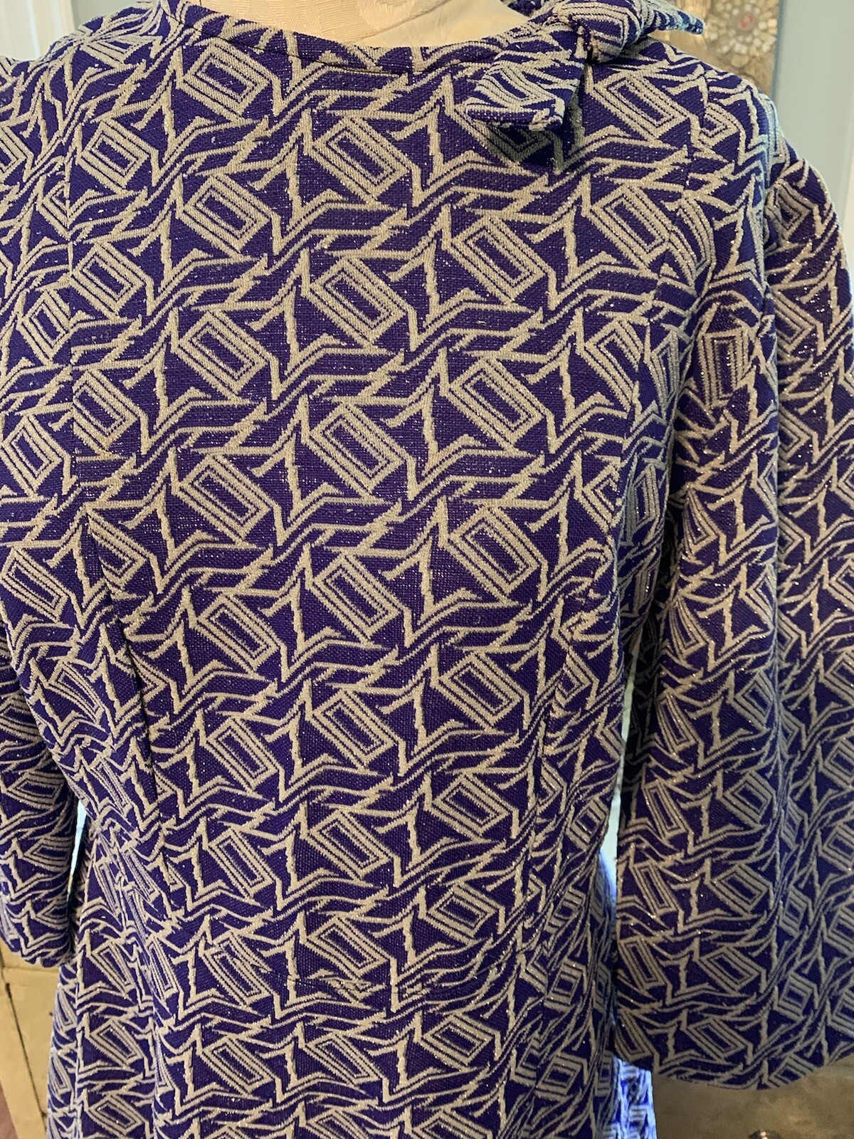 Vintage Custom Purple Metallic Silver Double Knit Stretch Fit & Flare Dress-M/L