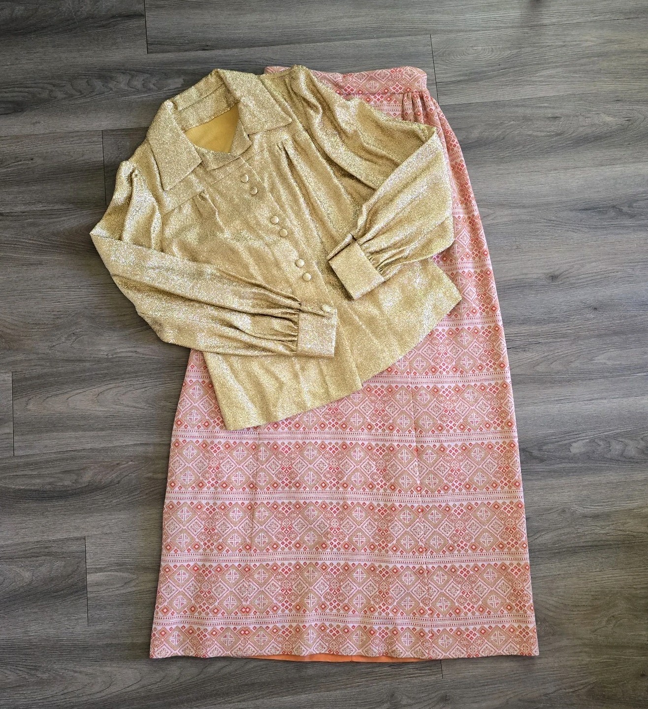 Vtg 1960s Mod Gold Brocade Blouse Orange Midi Skirt Disco Glam Retro Secretary