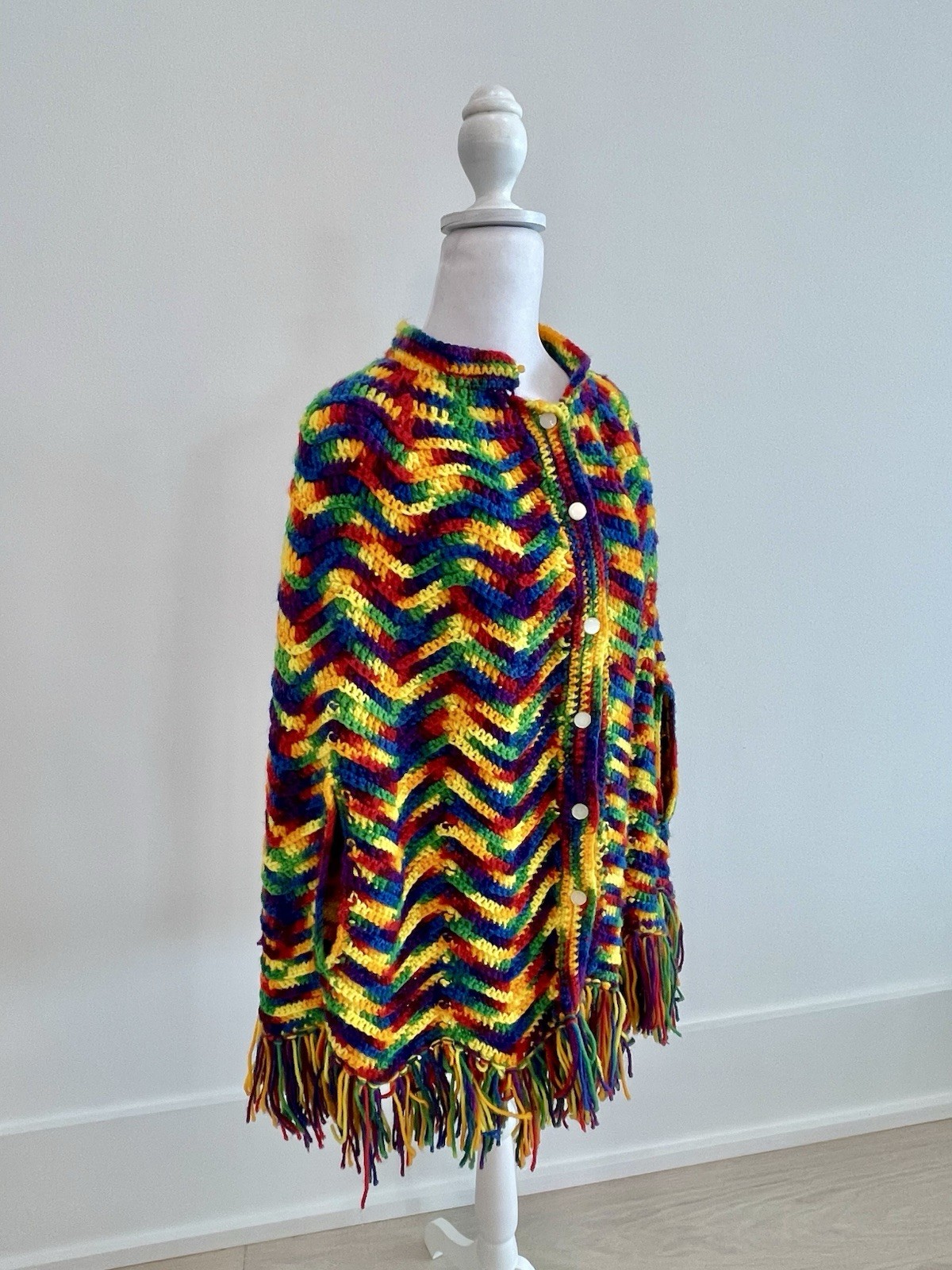 Vintage Handmade Crochet Poncho BOHO Fringe Button Up Festival Hippie OS Color