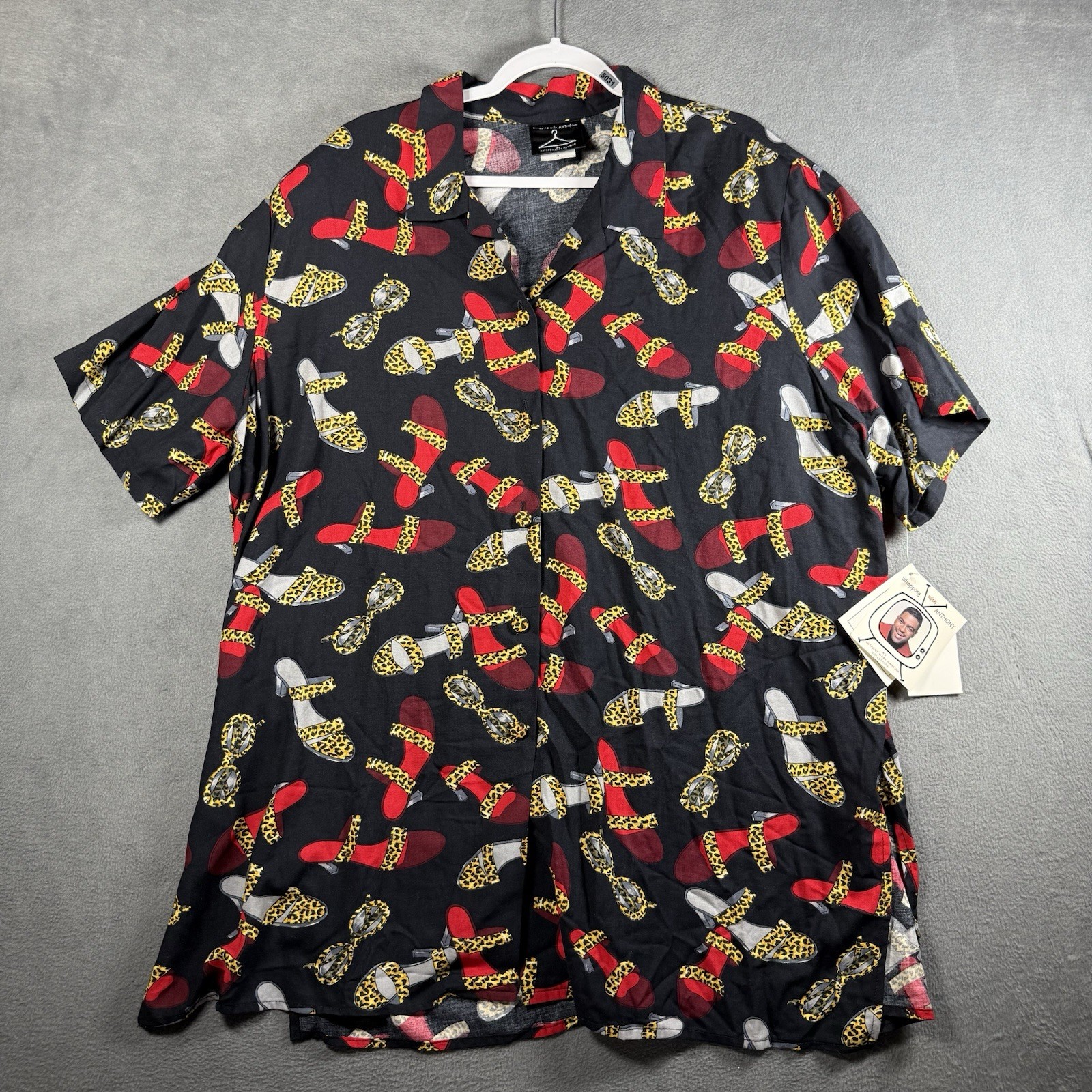 Vintage 90s Rayon Button Up Shirt 3X 29” P2P Deadstock NWT Novelty Heels Print