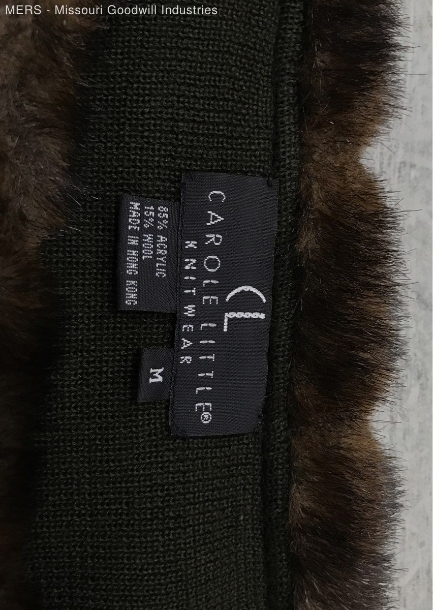 Vintage 90s Carole Little Women’s Olive Green Faux Fur Trim Knit Sweater Sz M