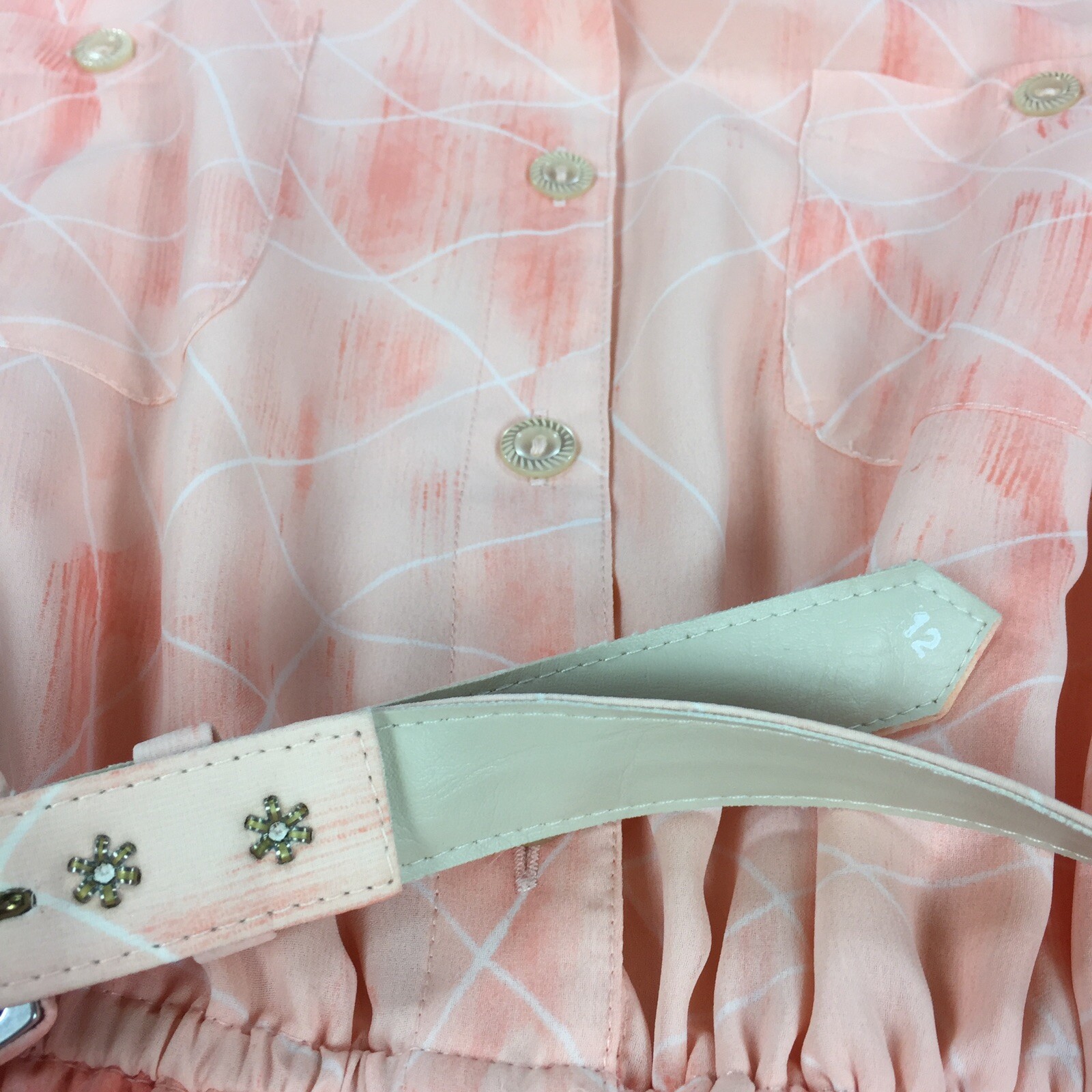 Vintage 1980s Rouie Blouson Smock Dress with Belt Size 12 Peach Chiffon Modest L