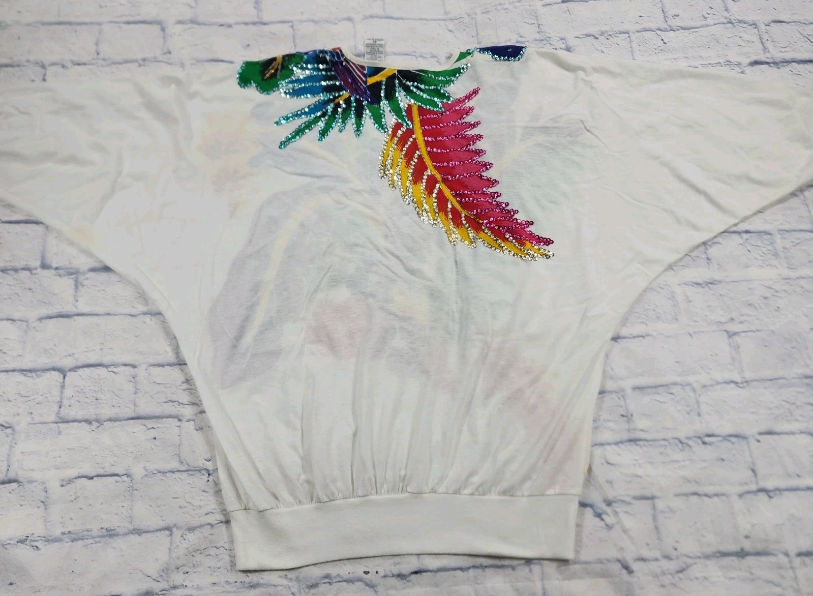 Bonnie Boerer Top WOMENS 2X Floral Sequins Shirt Beaded Retro VINTAGE 90s White