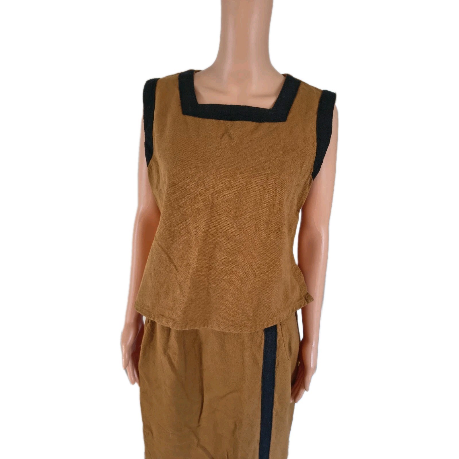 Ashro Vintage Brown Black Trim 2-Piece Skirt Set Size 12 Sleeveless 100% Cotton