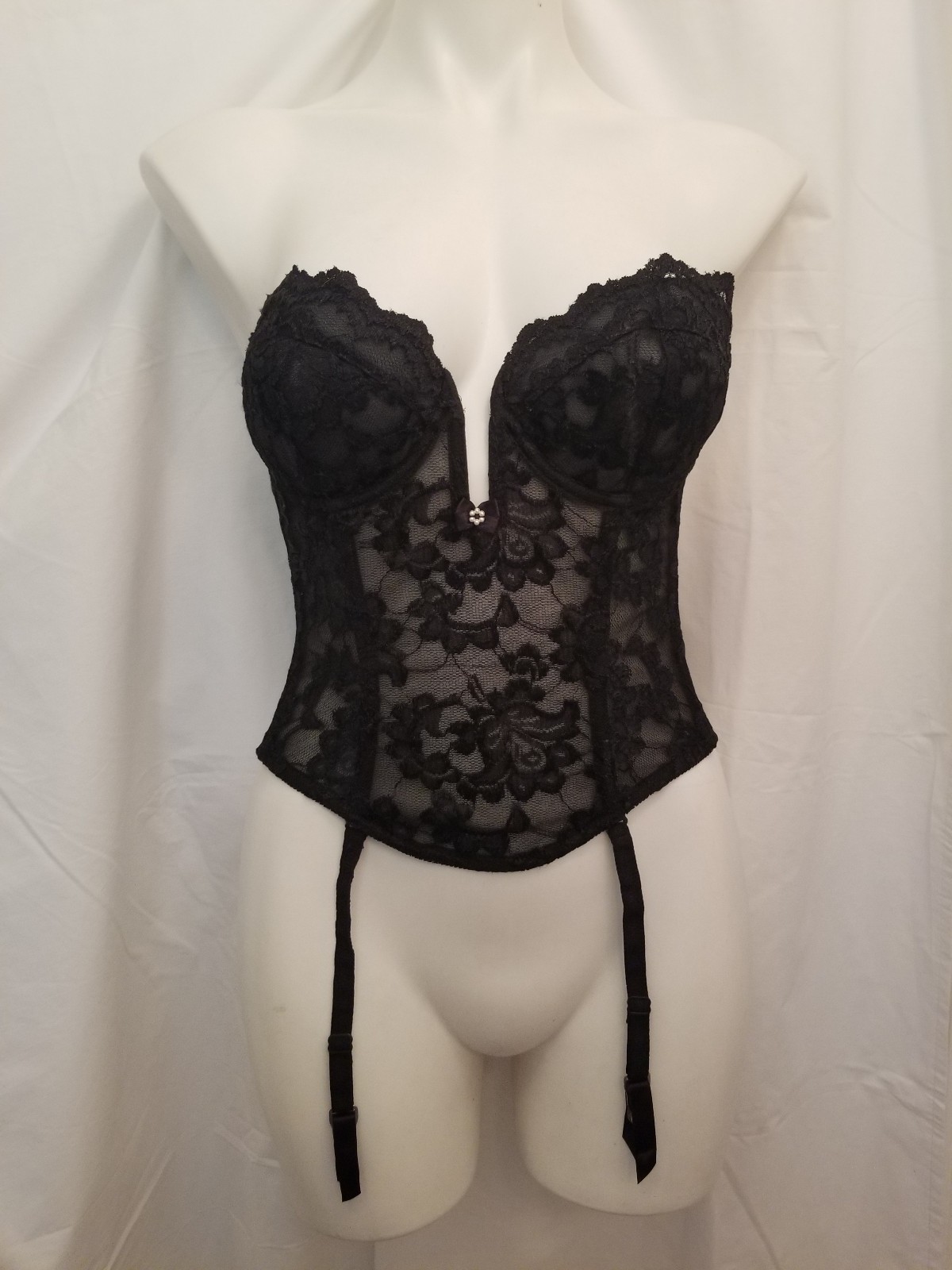 Vintage Frederick’s Of Hollywood Black Lace Wired Corsette Bustier Long Line 36B