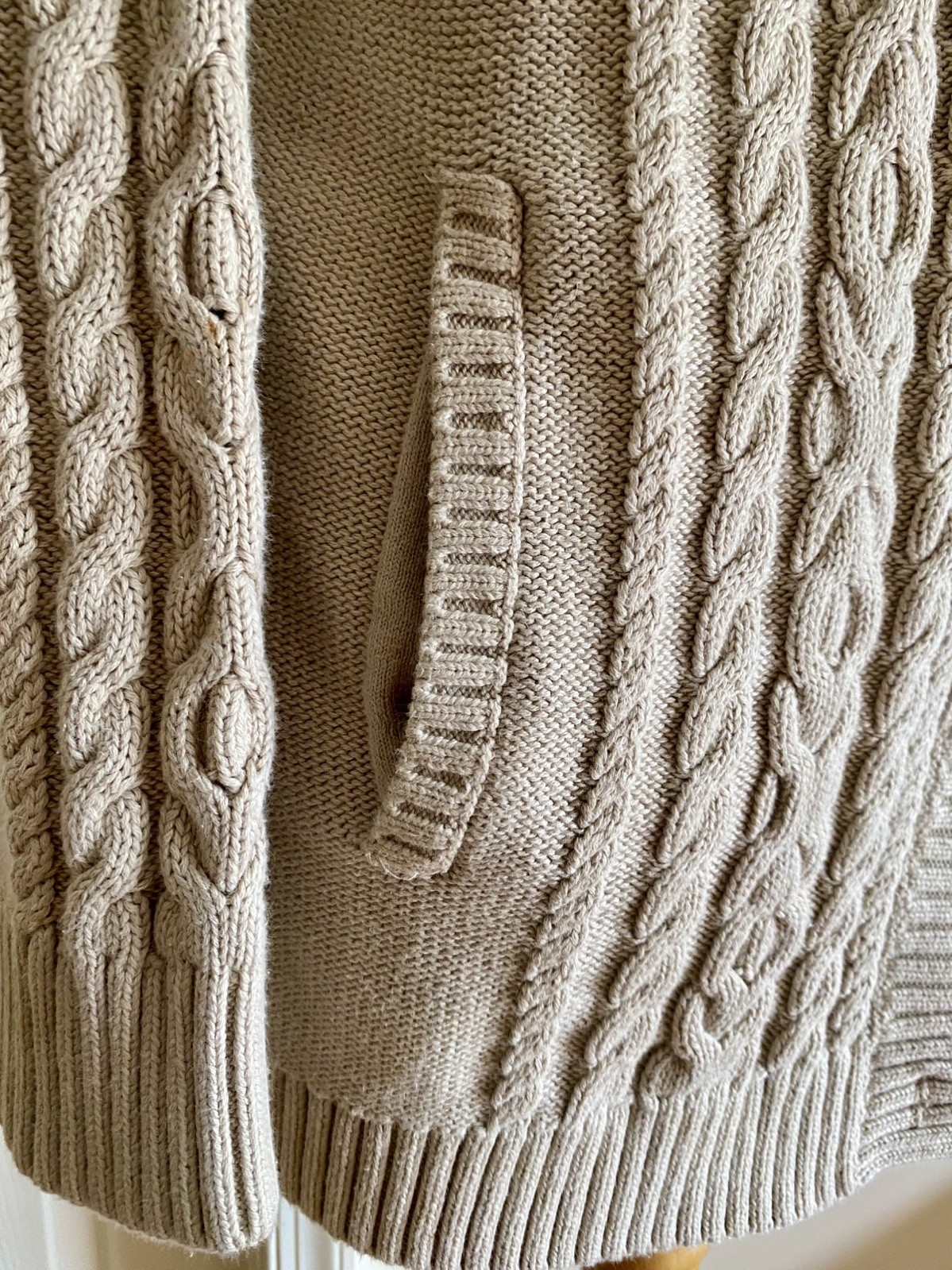 LL Bean Fisherman Cable Knit Cotton Cardigan Sweater Cottagecore Coastal Size L