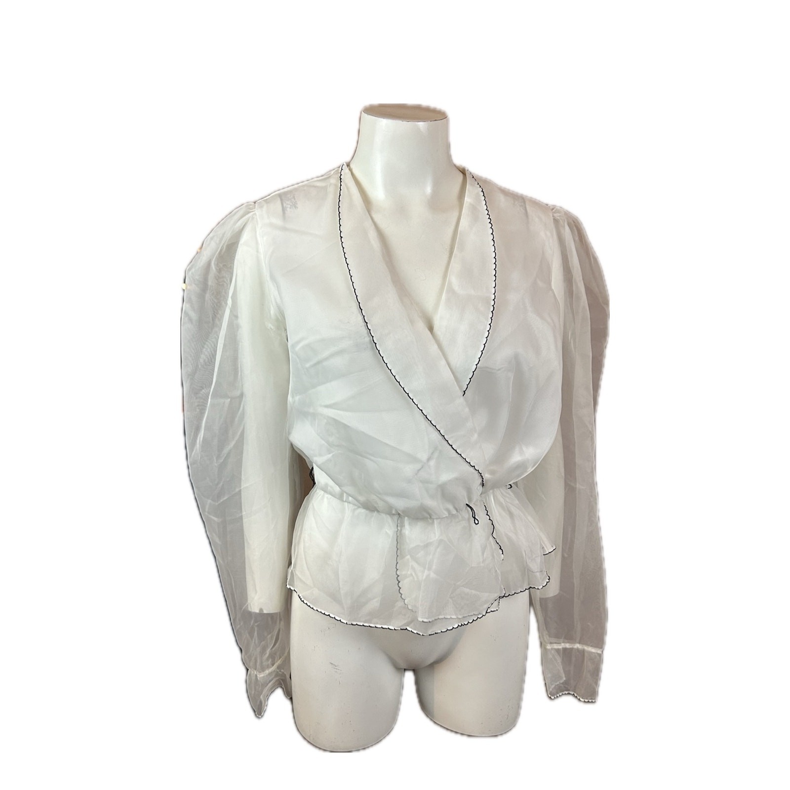 Vintage 1980s Sheer Peplum Blouse Puff Sleeve 80s Wrap Top / Medium ^