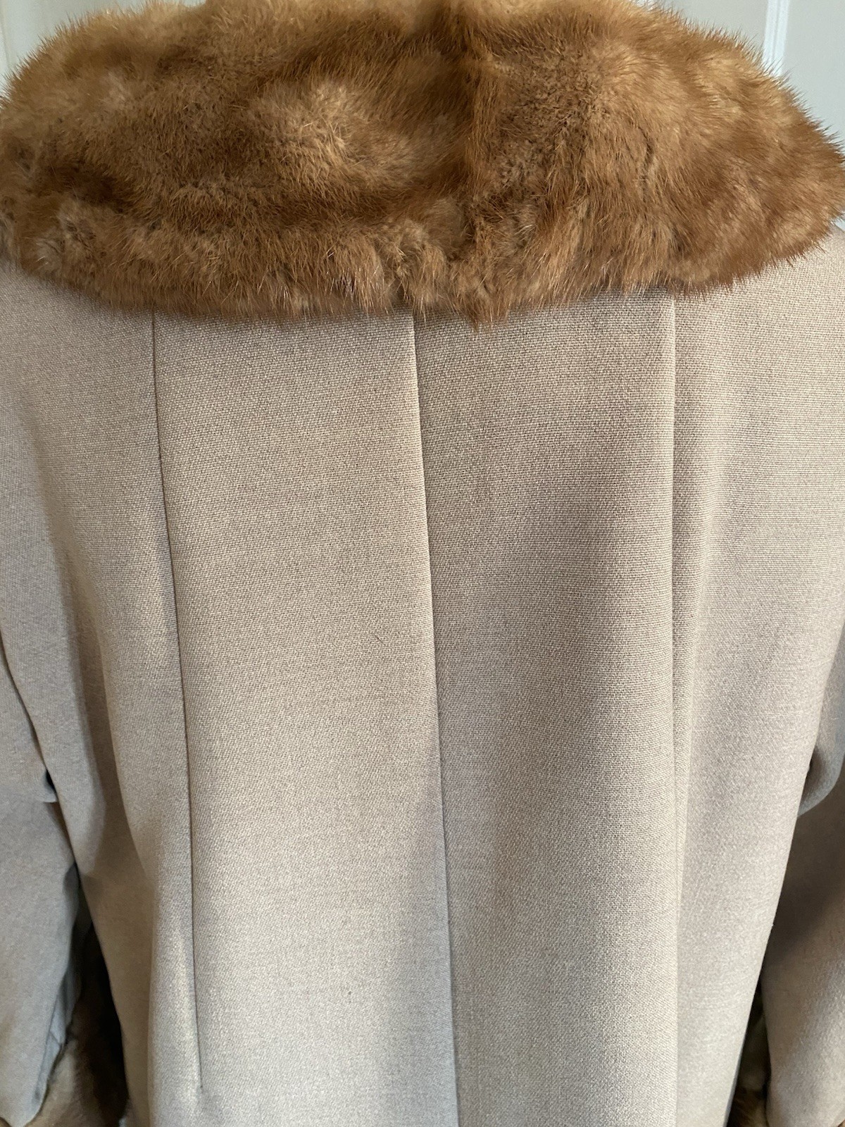 Vintage 1950s Tan Wool Swing Coat Real Mink Fur Collar Cuffs 46” Bust Nice!!!