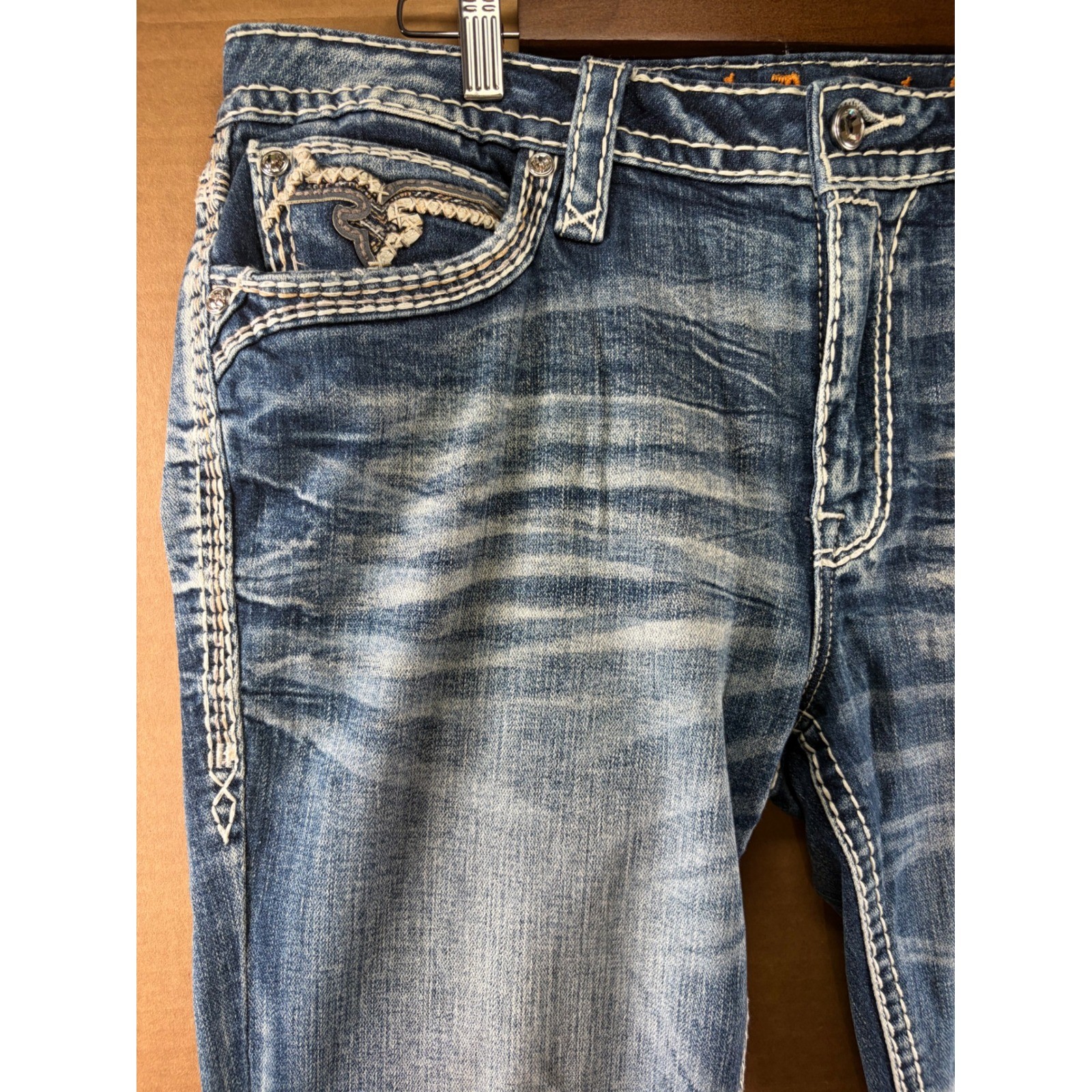 Rock Revival Hee Boot Jeans Womens 36×30 Blue Thick Stitch Flap Pocket Denim