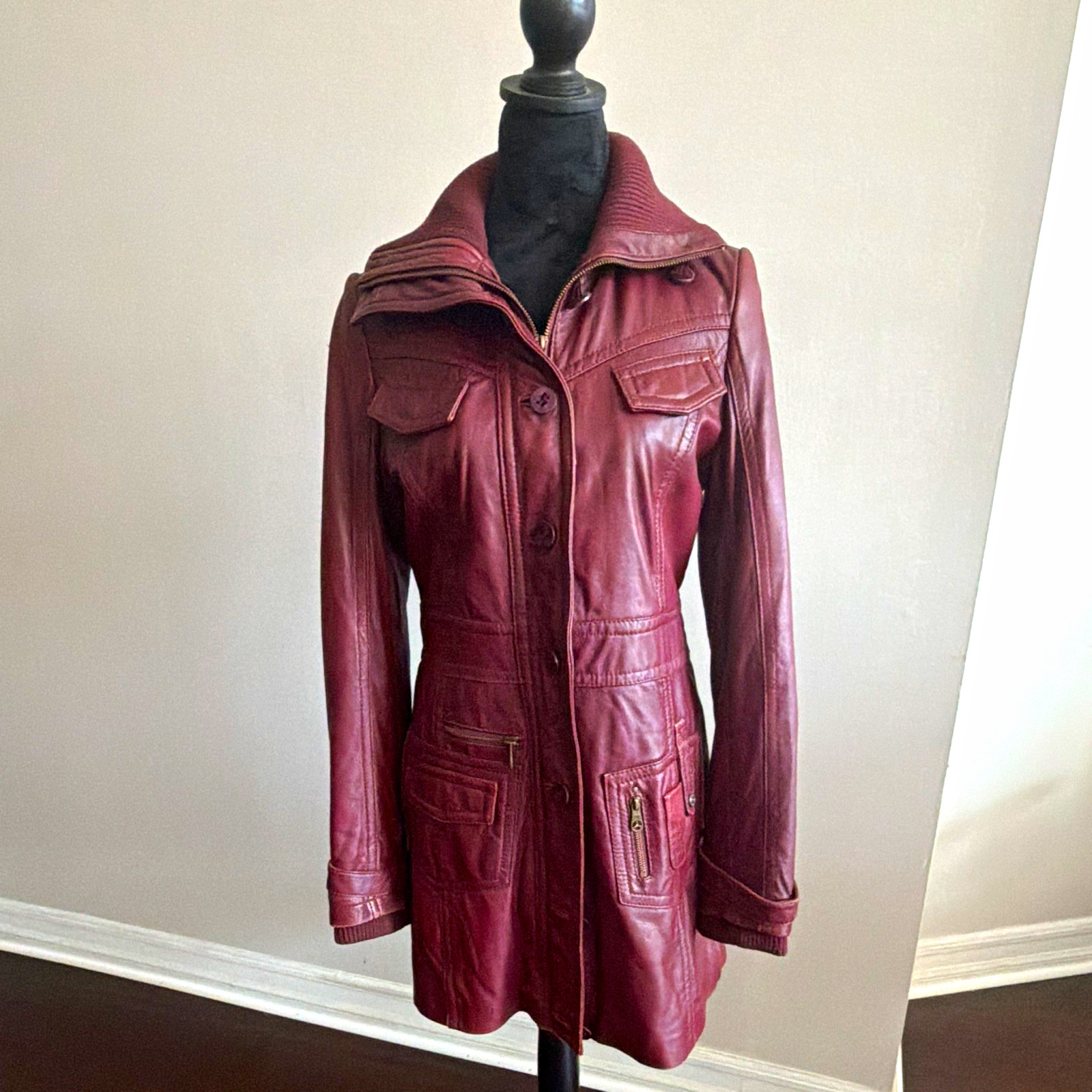 Miss Top Gun Women’s Burgundy Leather Pea Coat Jacket M Mid-Length Button Zip