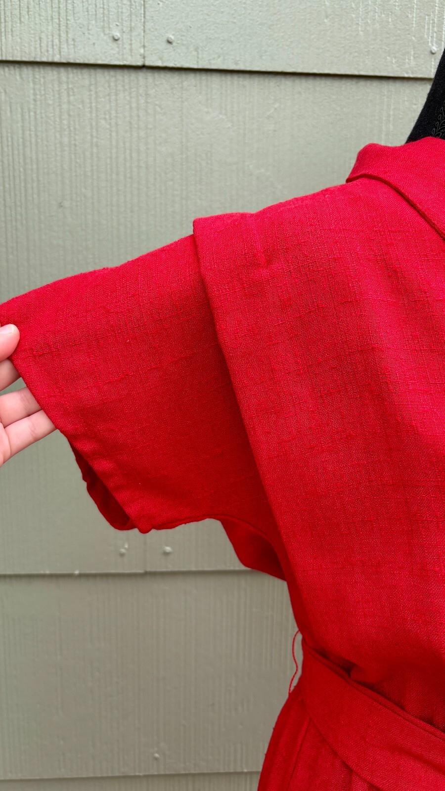 vtg LISA PETITES 70s Disco Casual Red Woven Knit Linen Belted Wrap A-Line Dress