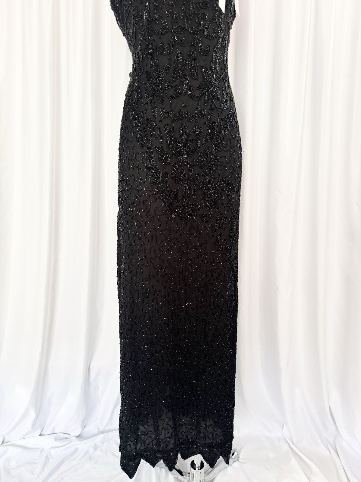 Vintage 90s Black Beaded Fairy Formal Gown Dress Maxi Evening Prom Silk XL