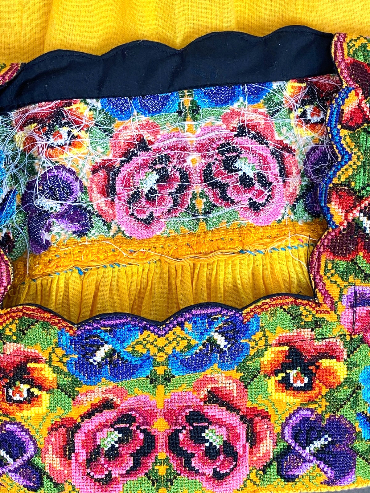 Vintage yellow floral embroidered tunic top long sleeves pink blue cotton boho