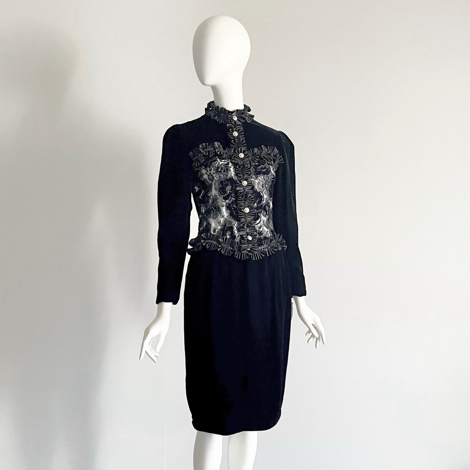 Vintage 1980s Zandra Rhodes Velvet Lace Glitter Corset Bustier Dress Ruffle