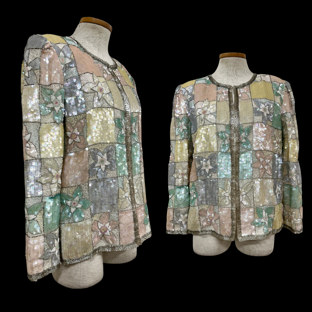 Vintage 1980s Laurence Kazar Sequin Beaded Pastel Floral Trophy Jacket