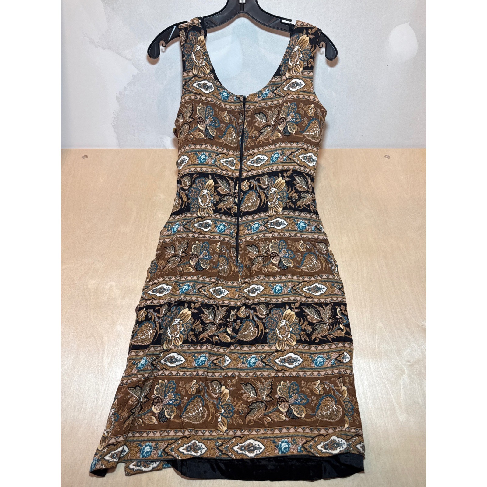 Vintage Santa Fe Women Brown Paisley Floral Side Button Rayon Sheath Dress 4 USA