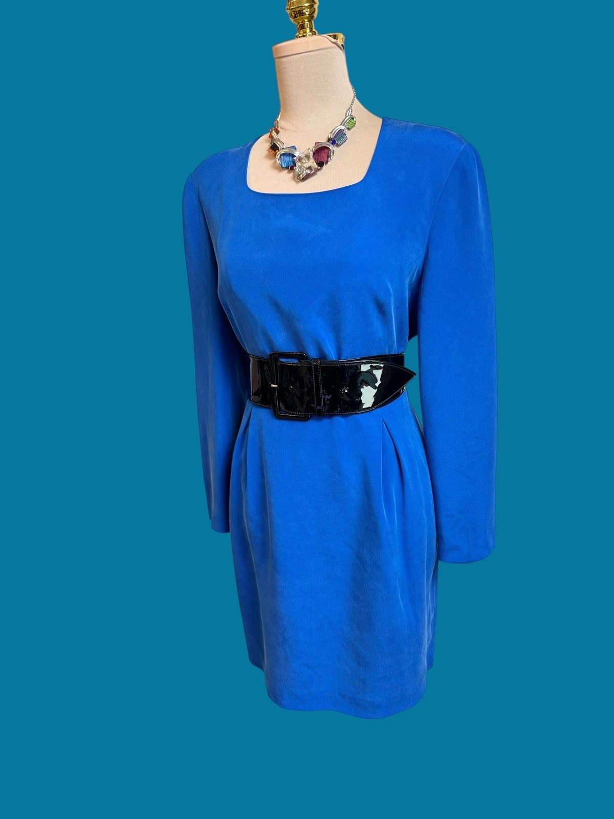 Vintage Patrick Petite Blue Silk Dress 12 80s 90s Power Shoulder Cocktail Mini