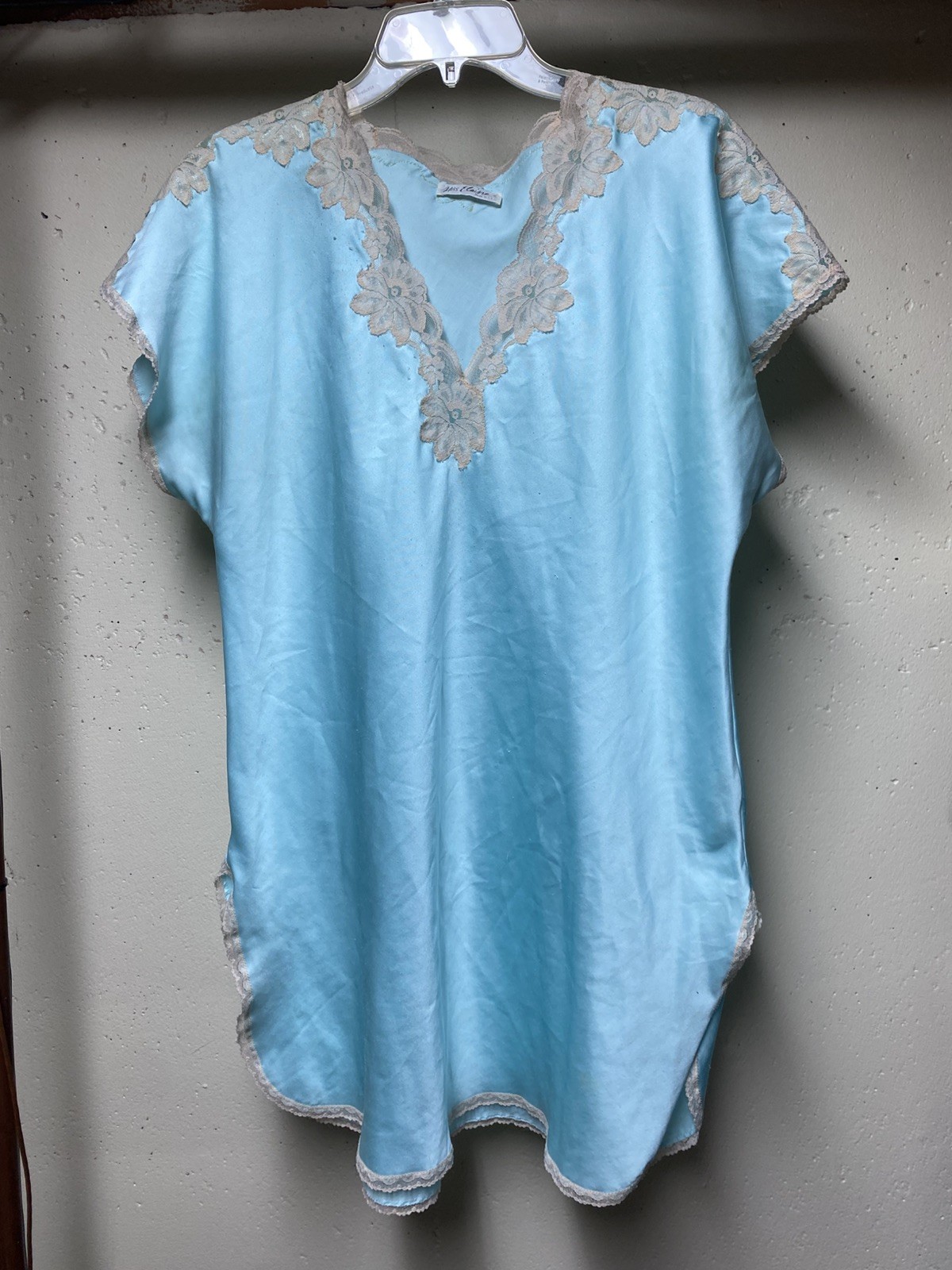 Vintage Miss Elaine Chemise Nightgown Aqua Lace – See Measurements