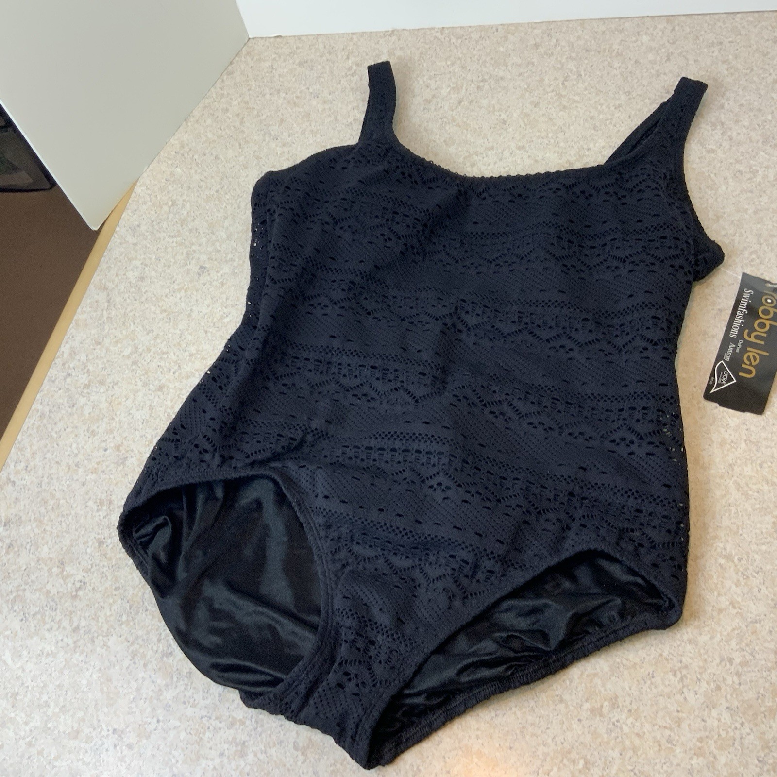 Vintage Robby Len Swim Fashions One Piece Black Eyelet Swimsuit Women’s 16 NWT