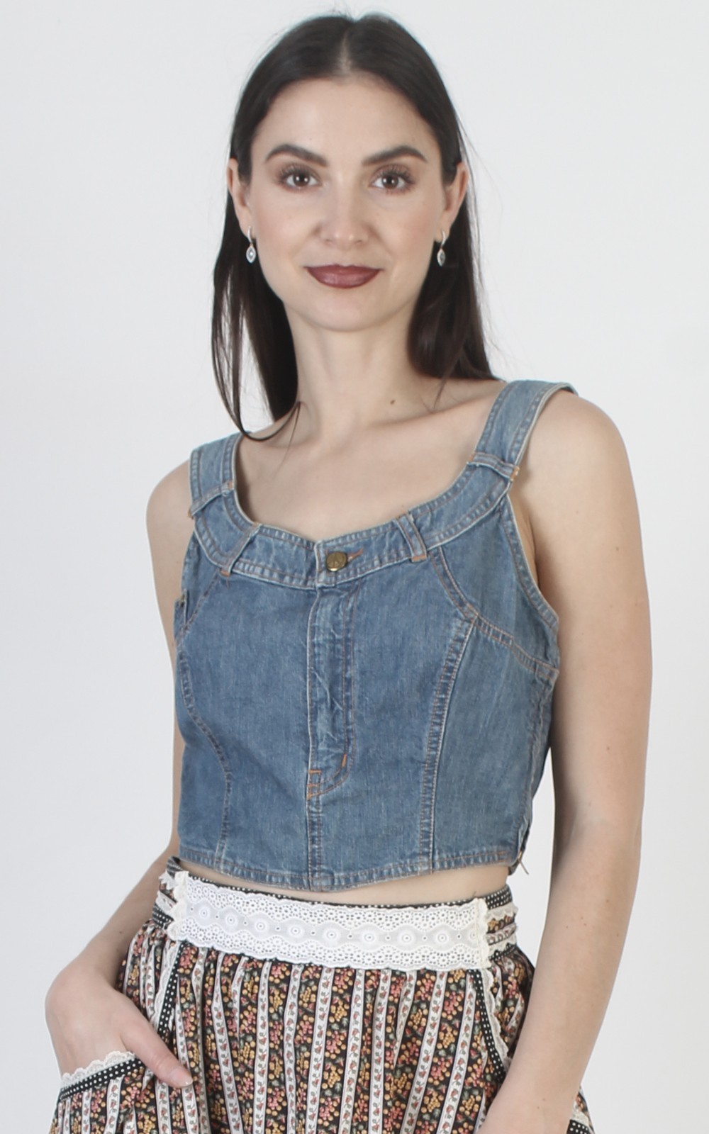 Vtg Moschino Denim Crop Top Blue Jean Patchwork Half Shirt Designer Tunic 12